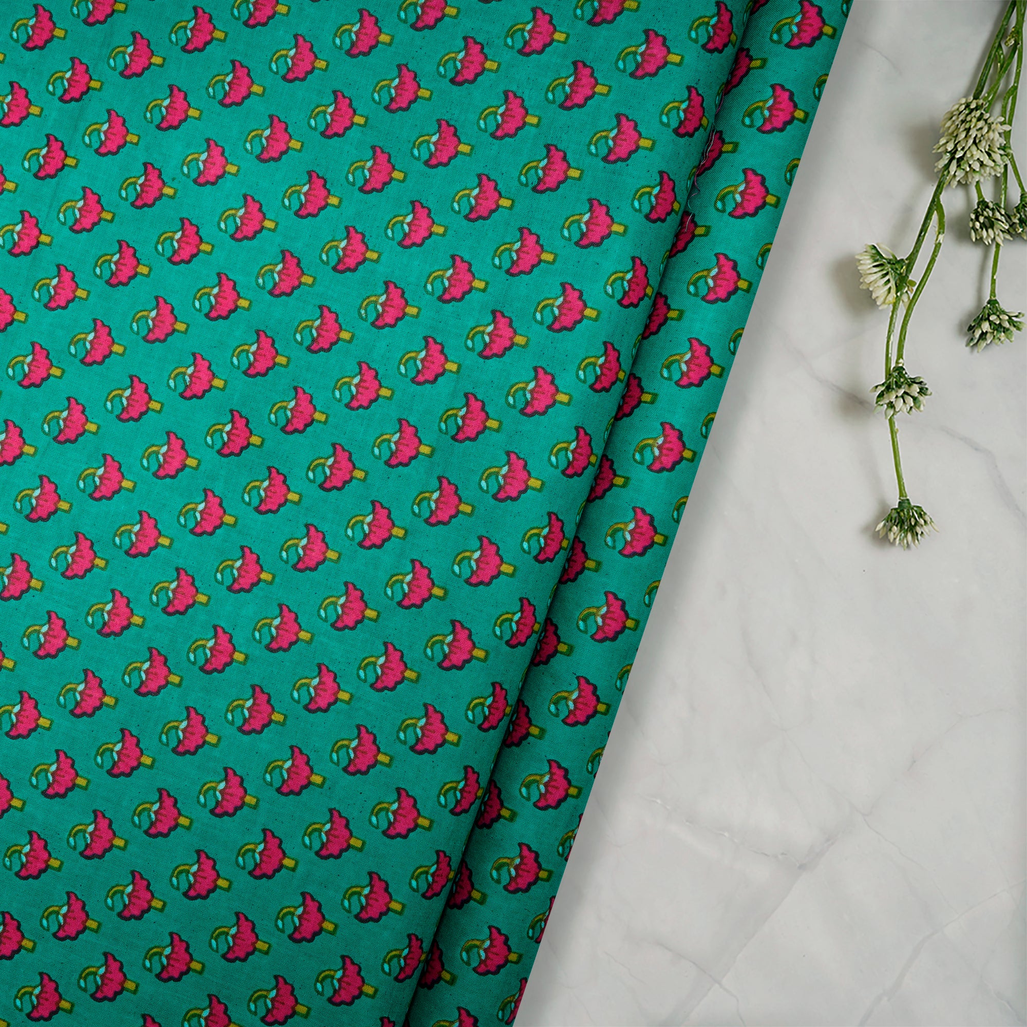 (Pre Cut 4 Mtr ) Green-Pink Color Hand Block Printed Cotton Fabric
