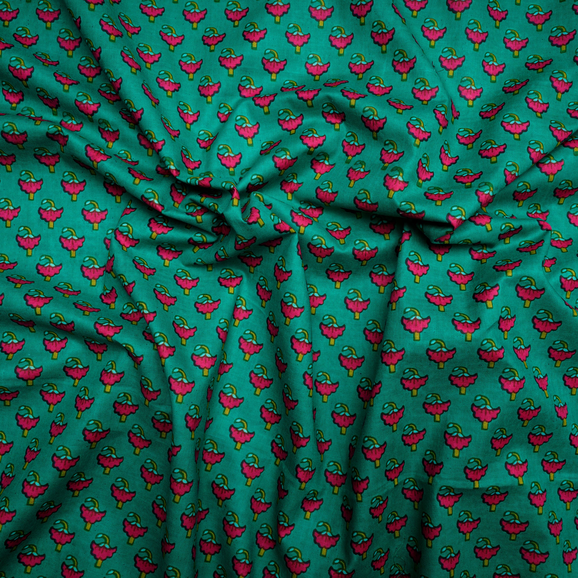 (Pre Cut 4 Mtr ) Green-Pink Color Hand Block Printed Cotton Fabric