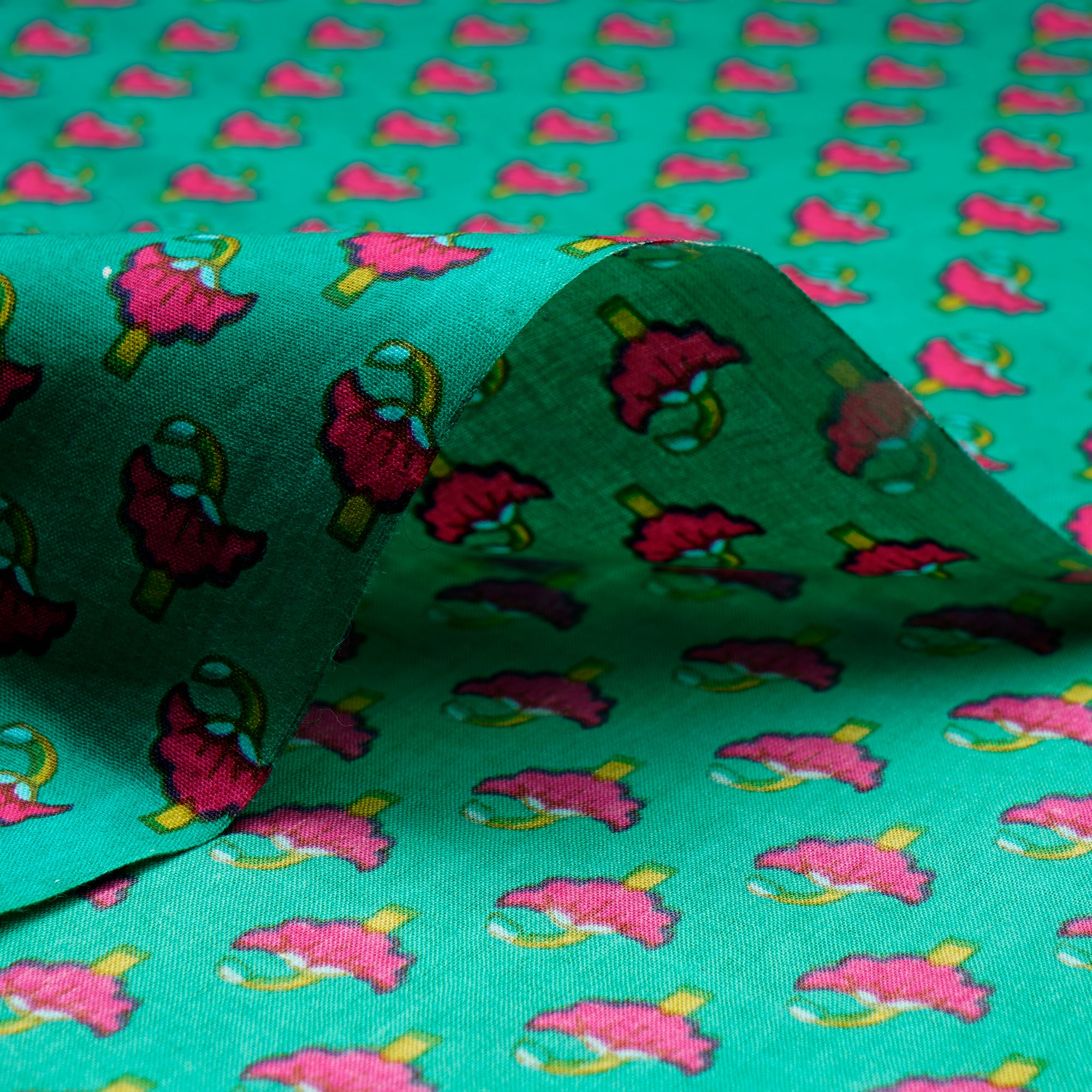 (Pre Cut 4 Mtr ) Green-Pink Color Hand Block Printed Cotton Fabric