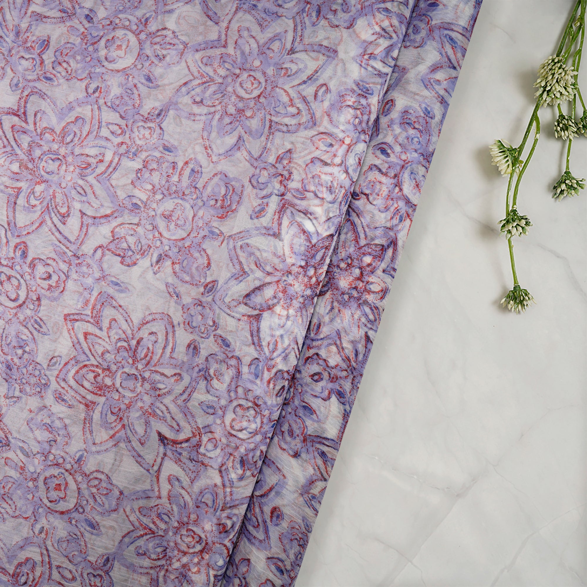 (Pre Cut 4 Mtr ) White-Purple Color Printed Viscose Chiffon Fabric