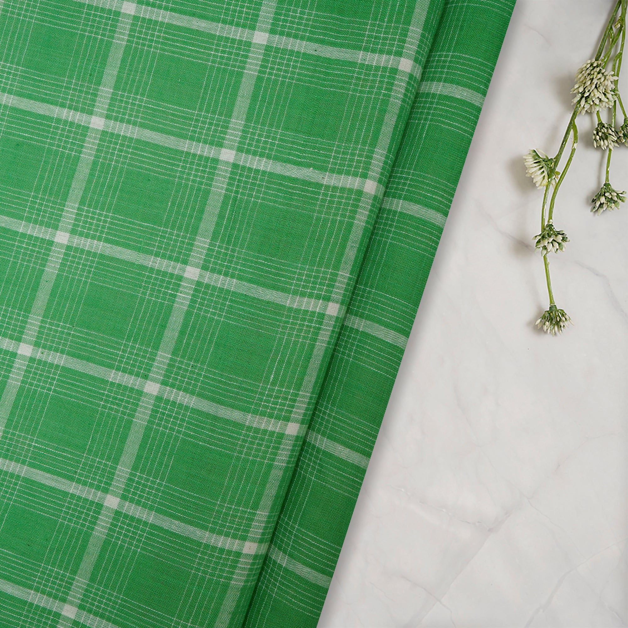 (Pre-Cut 1.00 Mtr) Lawn Green-White Color Yarn Dyed Cotton Muslin Fabric