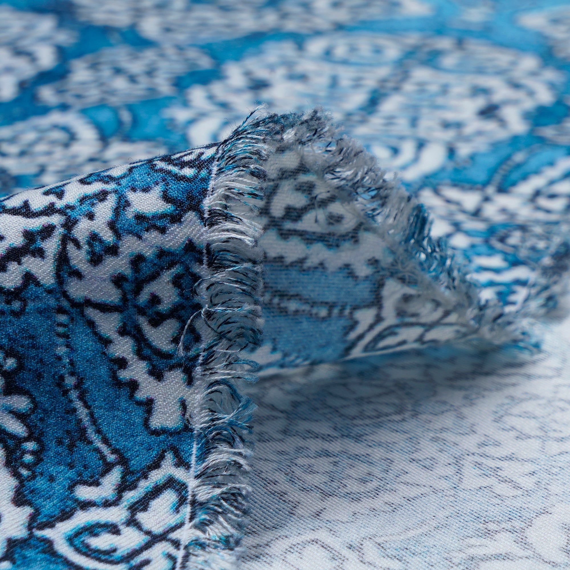 (Pre-Cut 1.70 Mtr ) Blue Digital Printed Satin Chanderi Fabric