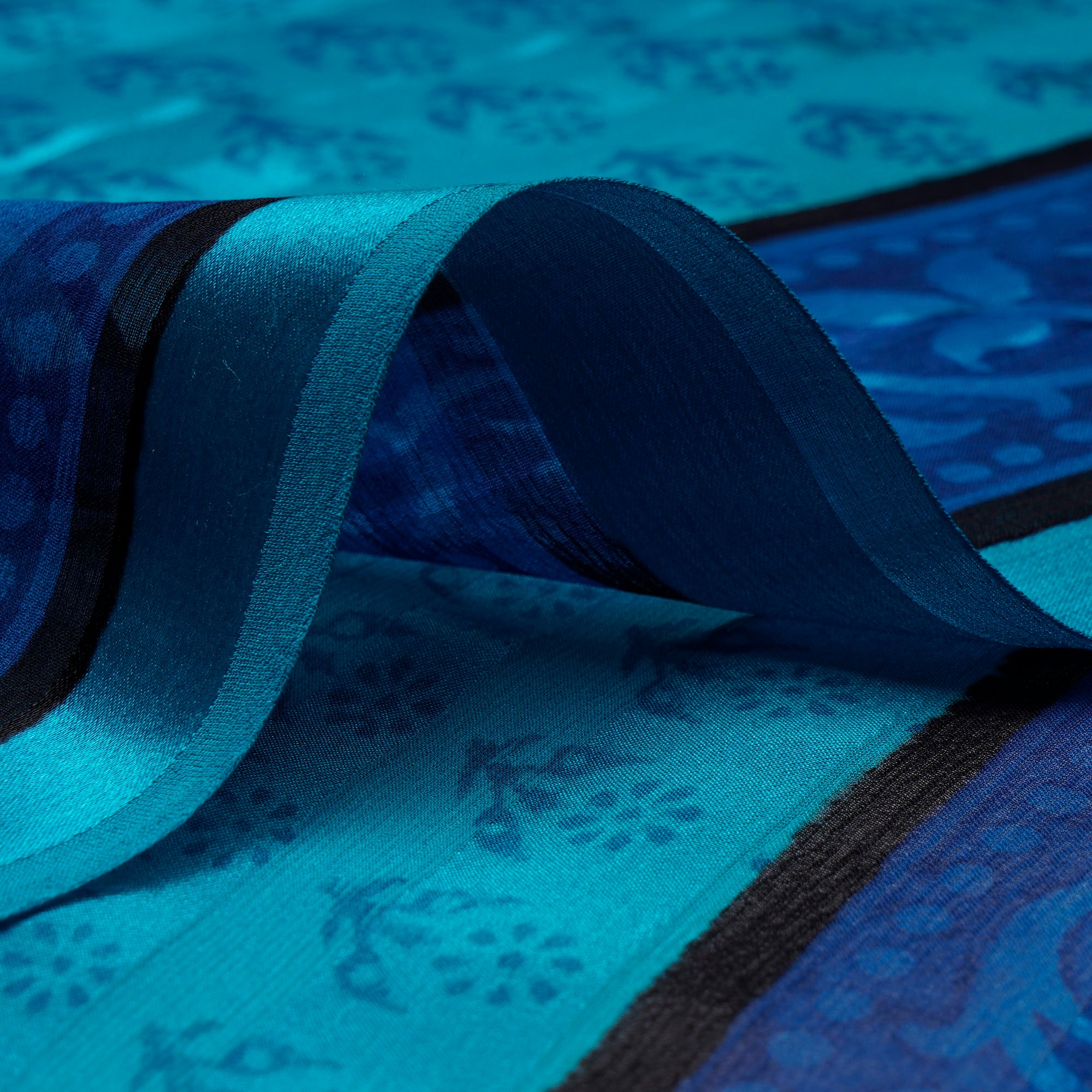 (Pre-Cut 0.65 Mtr ) Blue Printed Georgette Satin Fabric