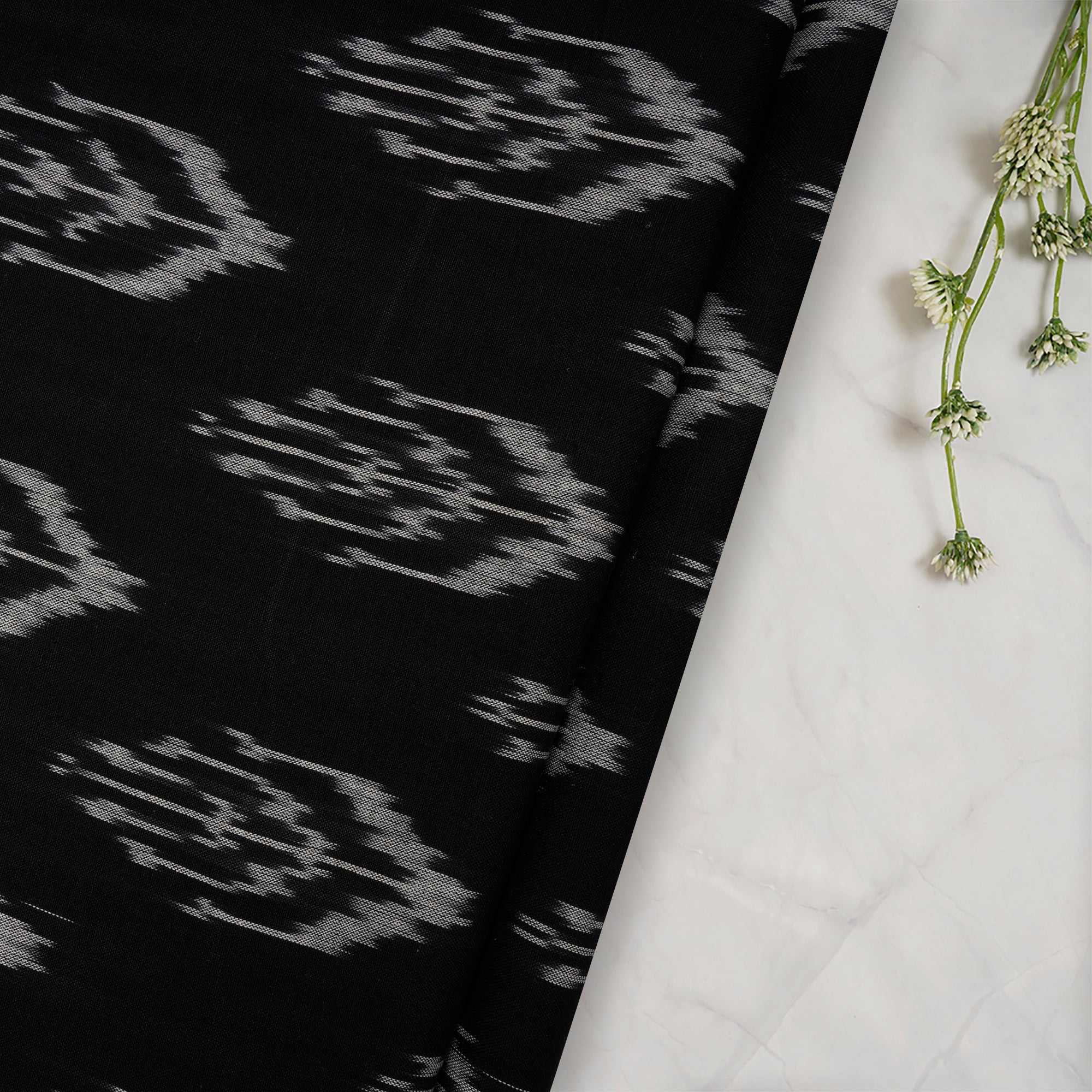 (Pre-Cut 2.00 Mtr) Black Woven Ikat Cotton Fabric