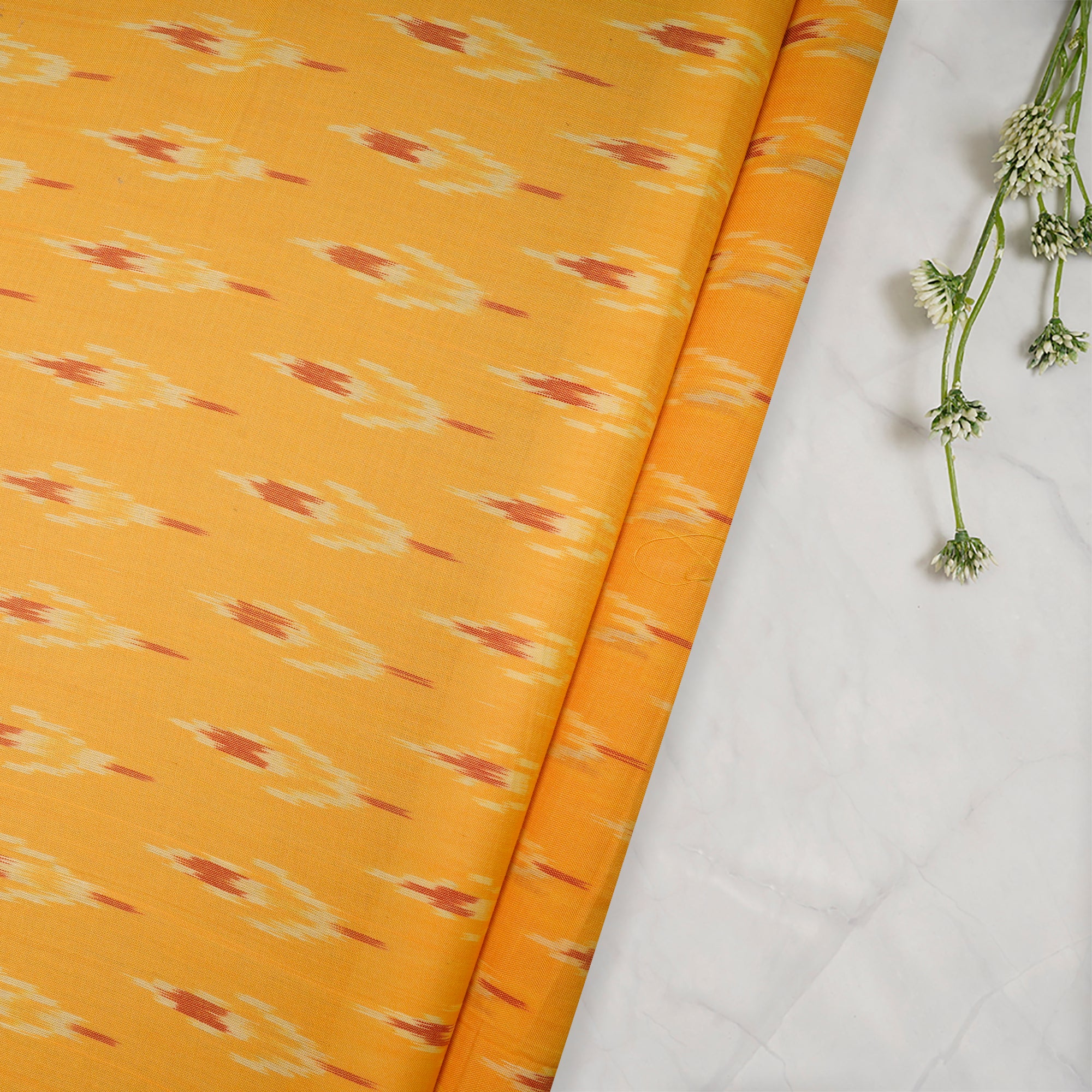 (Pre Cut 1.40 Mtr ) Yellow Color Washed Woven Ikat Cotton Fabric