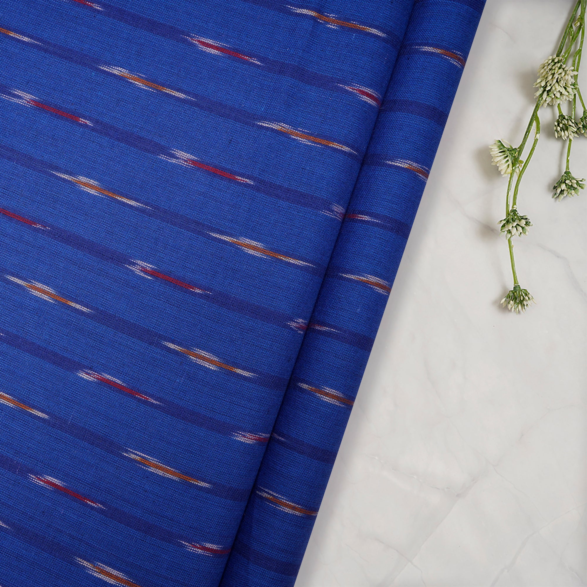 (Pre Cut 1.95 Mtr )Blue Color Washed Woven Ikat Cotton Fabric