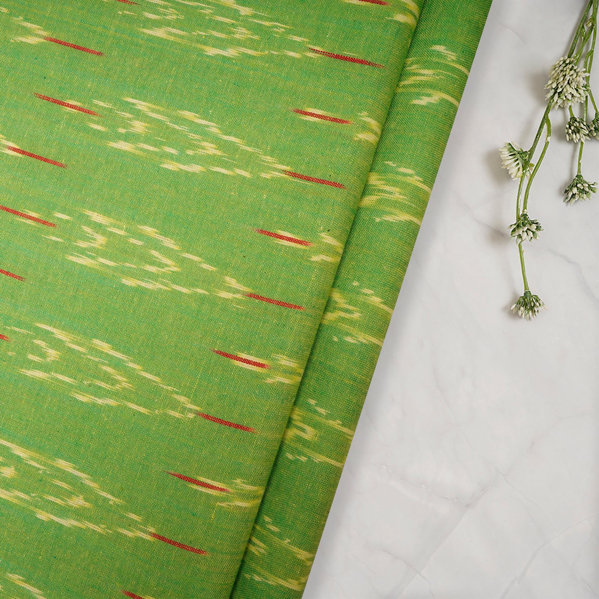 (Pre-Cut 2.50 Mtr )Parrot Green Washed Woven Ikat Cotton Fabric