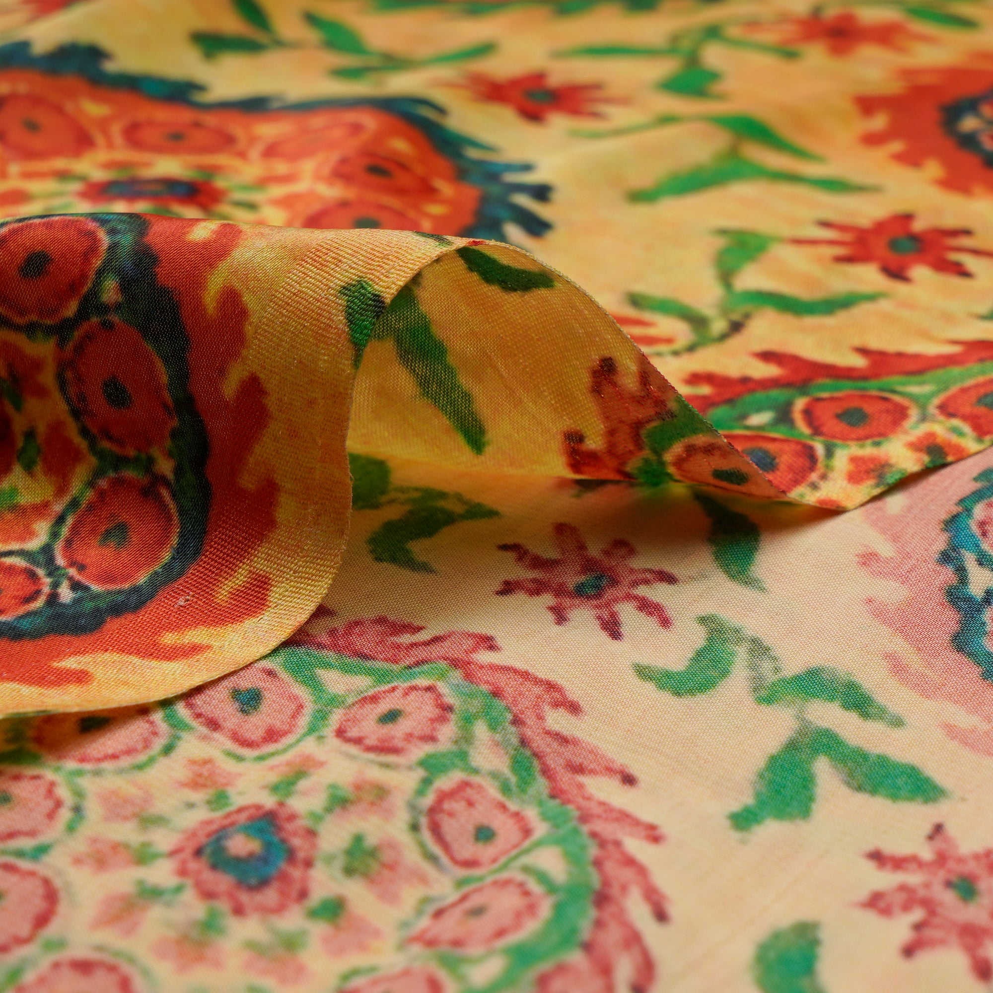 (Pre-Cut 3.00 Mtr) Yellow Printed Satin Chiffon Fabric