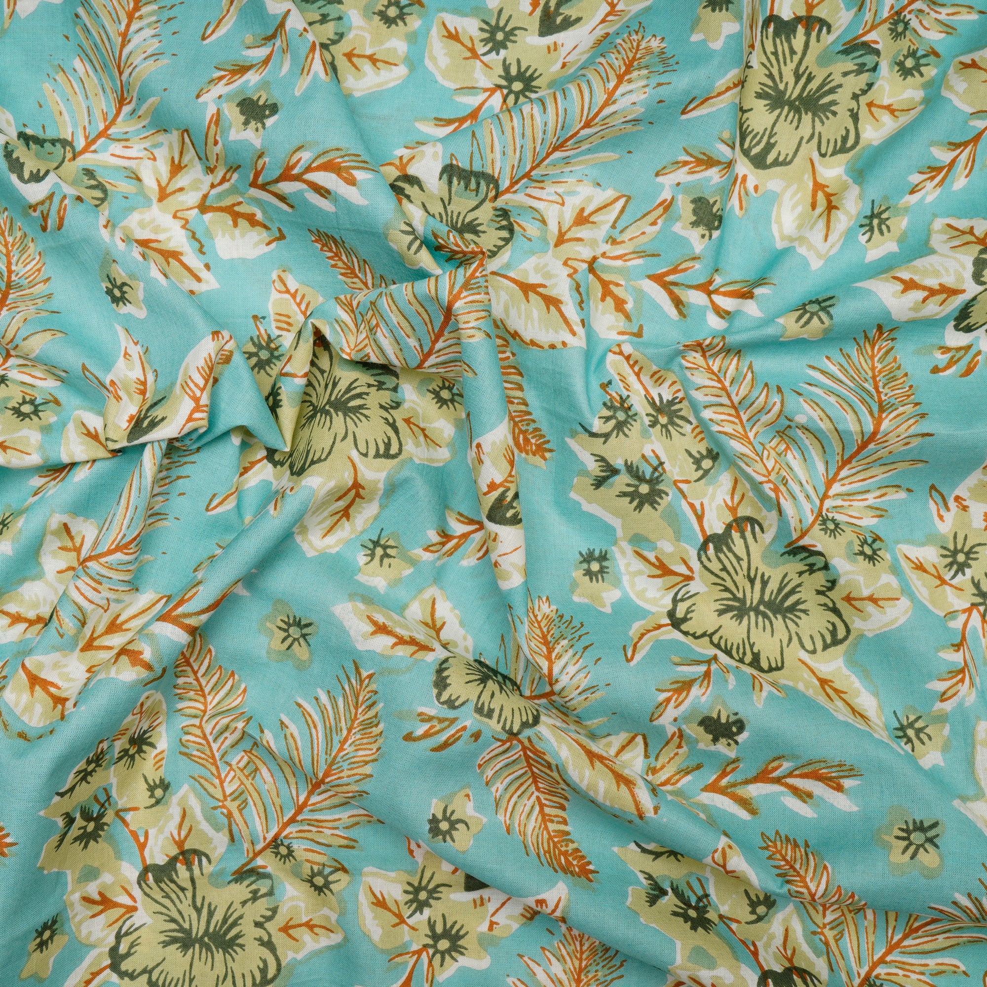 (Pre Cut 1.70 Mtr )Turquoise Floral Pattern Screen Print Cotton Fabric
