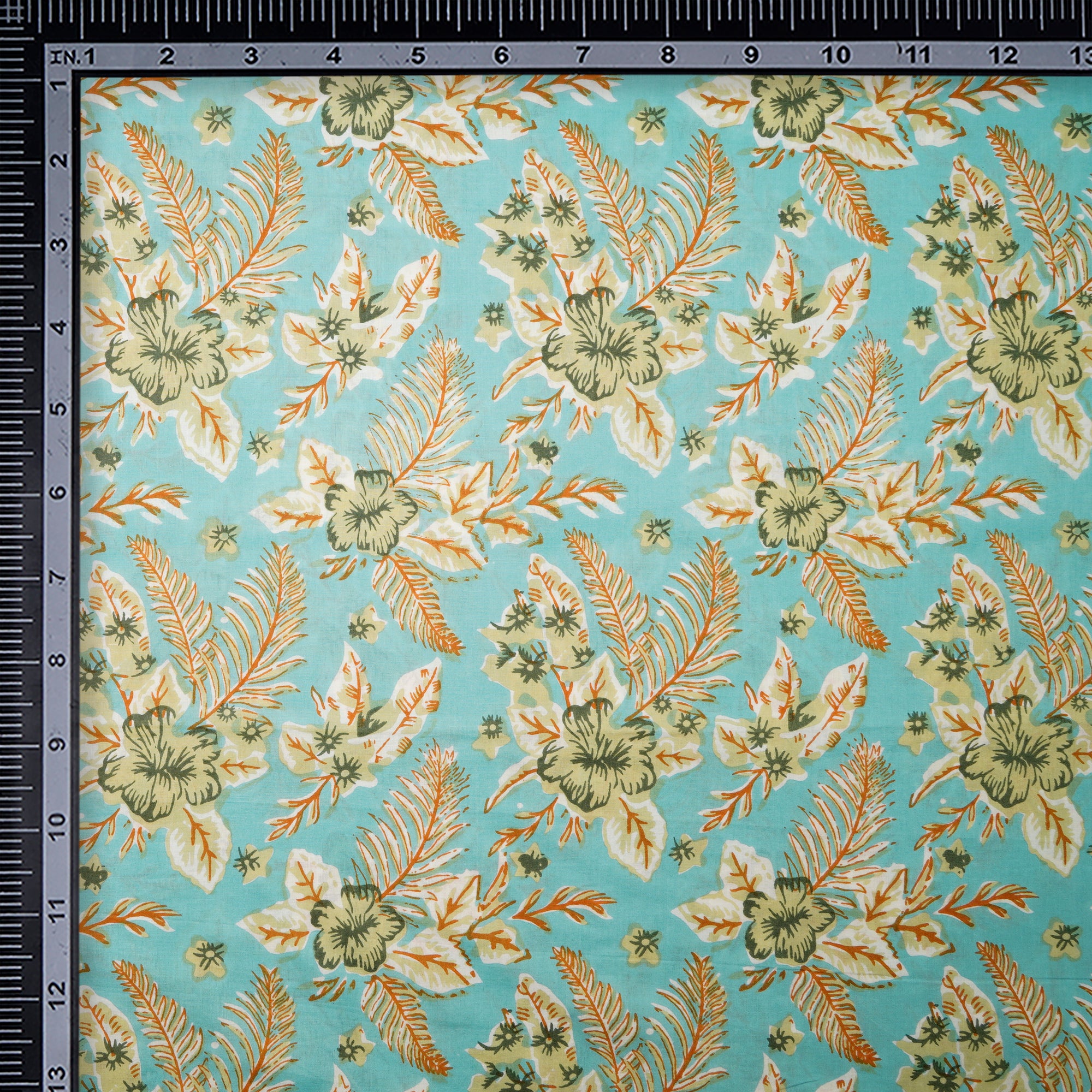 (Pre Cut 1.70 Mtr )Turquoise Floral Pattern Screen Print Cotton Fabric
