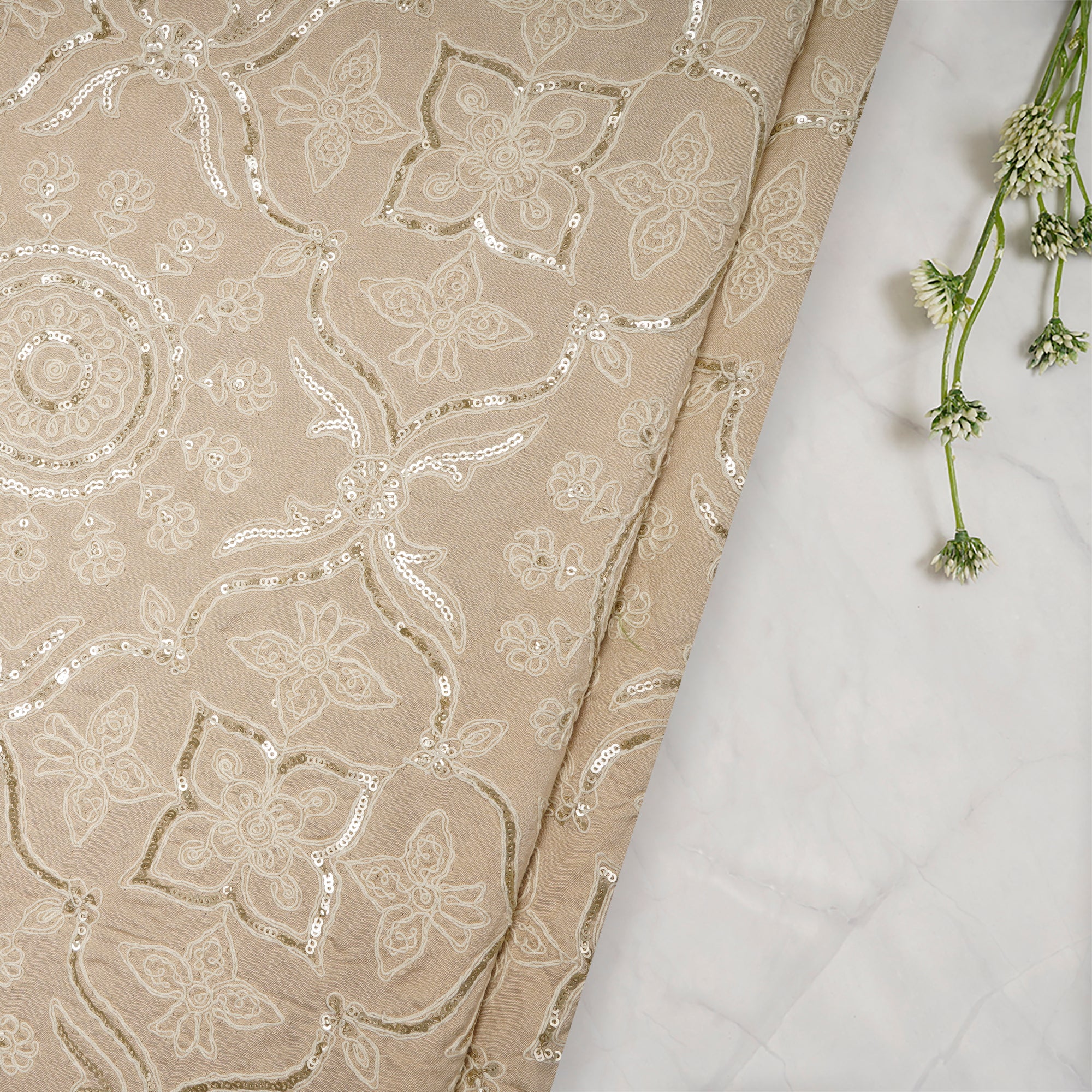 (Pre-Cut 0.80 Mtr) Cream Embroidered Pure Spun Silk Fabric