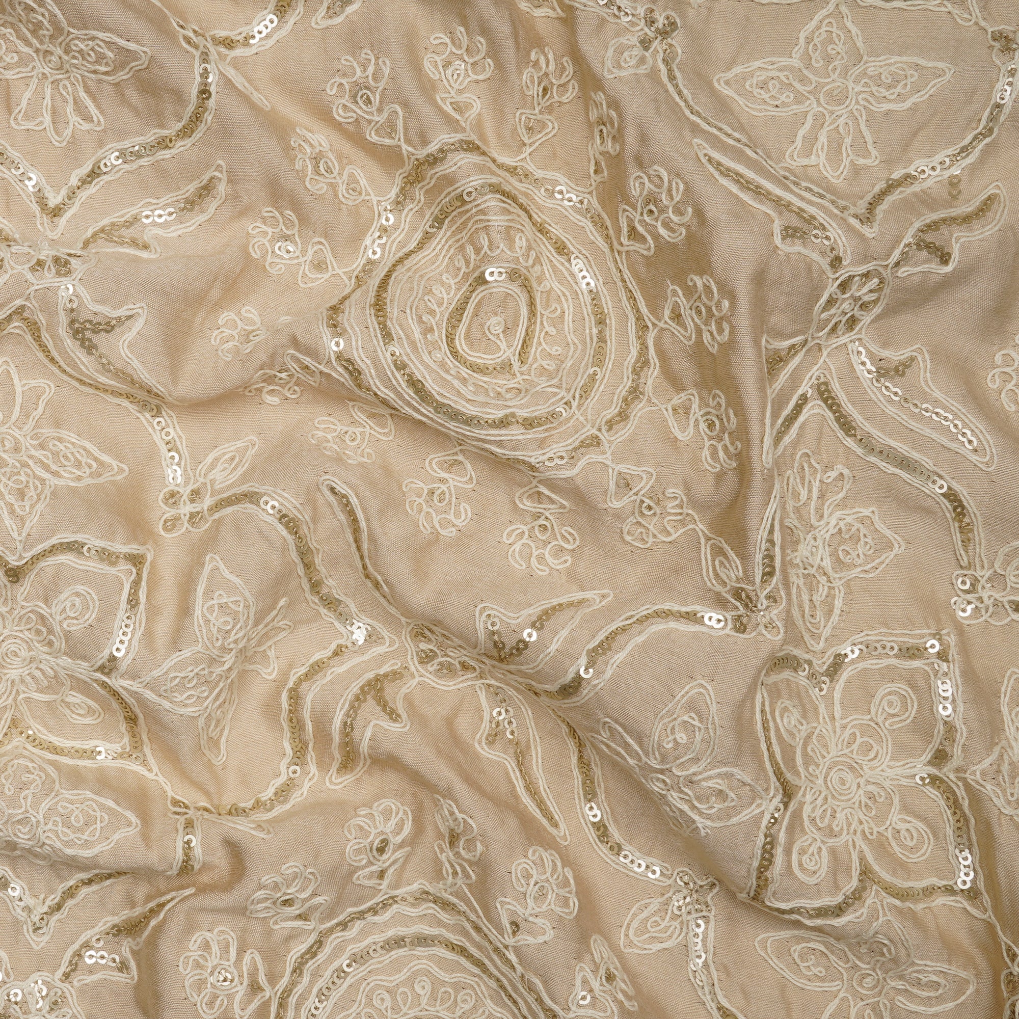 (Pre-Cut 0.80 Mtr) Cream Embroidered Pure Spun Silk Fabric