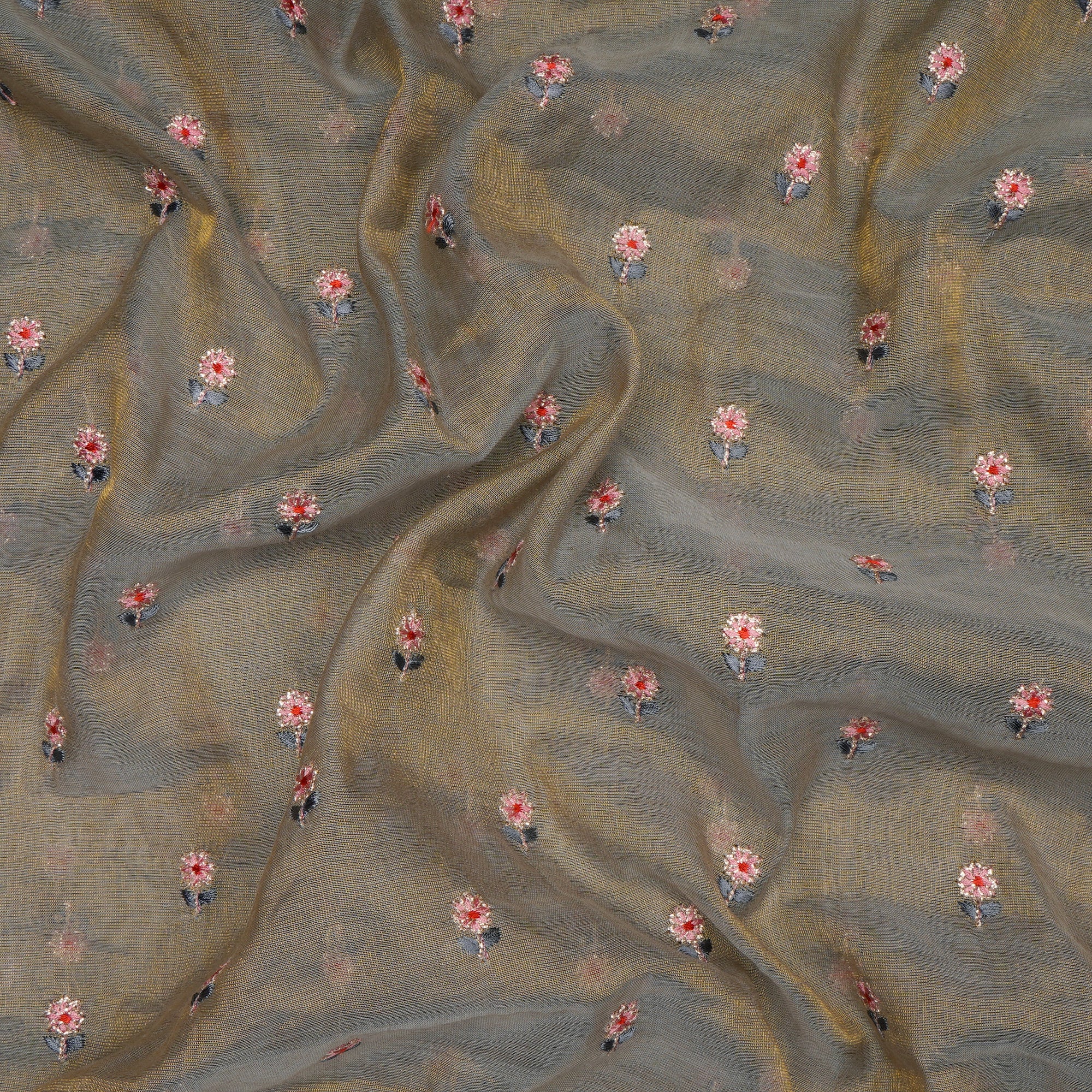 (Pre-Cut 3.50 Mtr) Steel Blue Embroidered Pure Tissue Chanderi Fabric