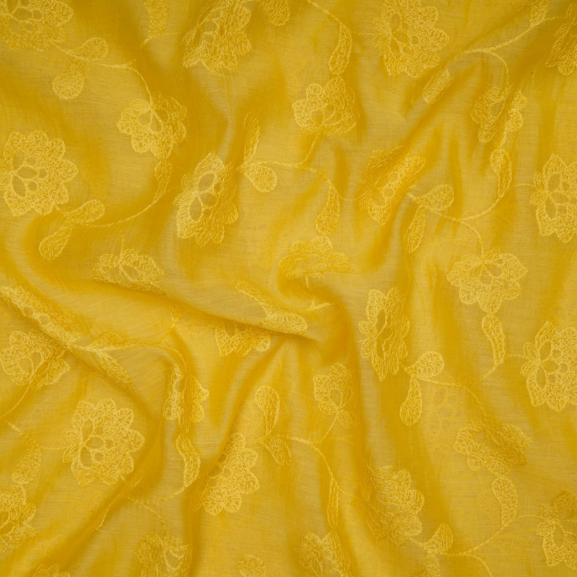 (Pre-Cut 1.90 Mtr) Yellow Embroidered Pure Chanderi Fabric