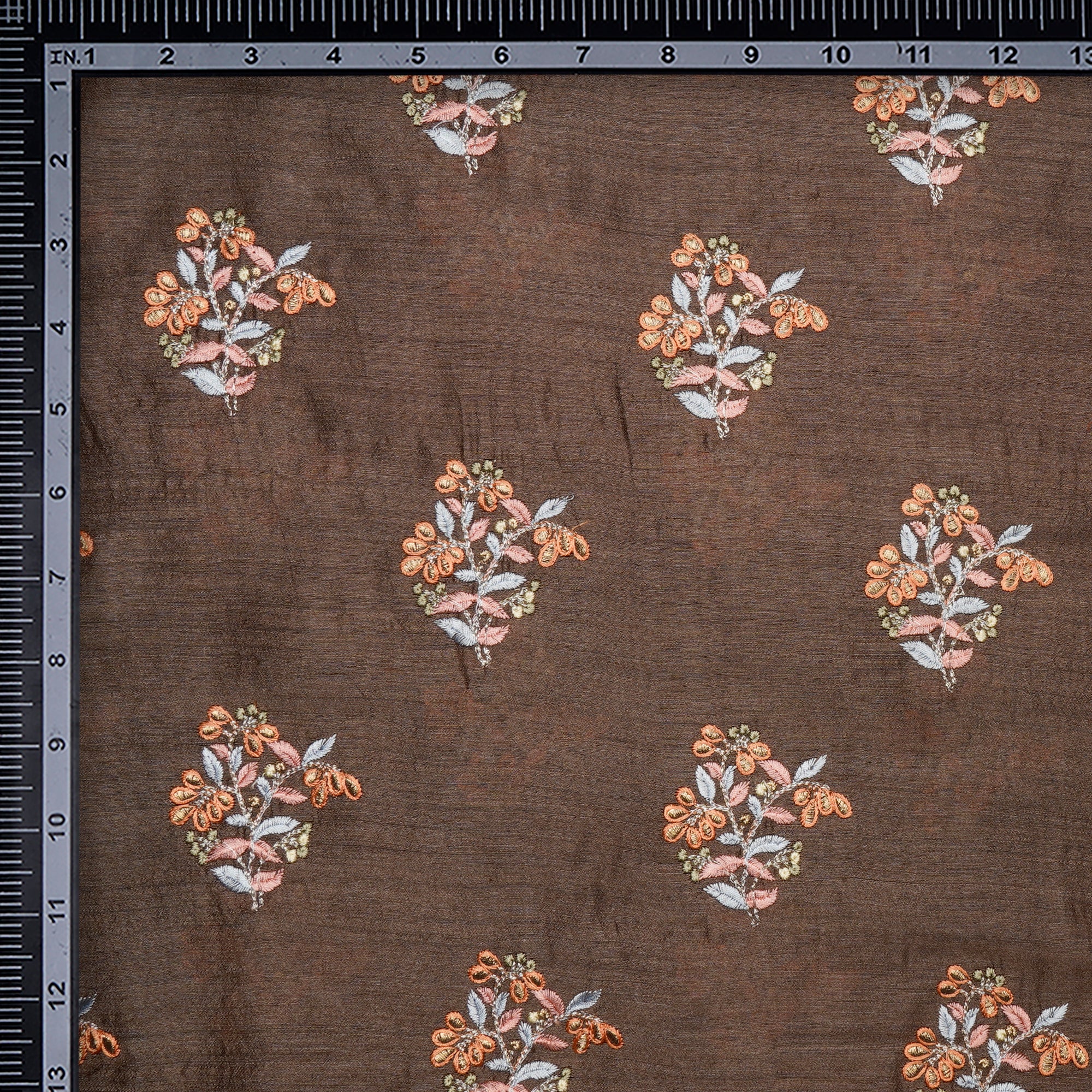 (Pre-Cut 2.50 Mtr) Brown Embroidered Pure Muga Silk Fabric