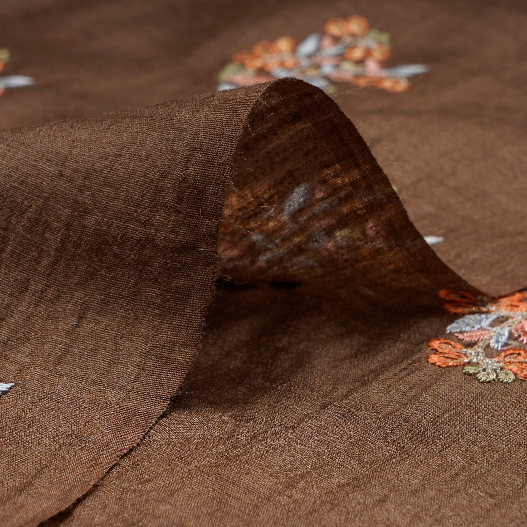 (Pre-Cut 2.50 Mtr) Brown Embroidered Pure Muga Silk Fabric