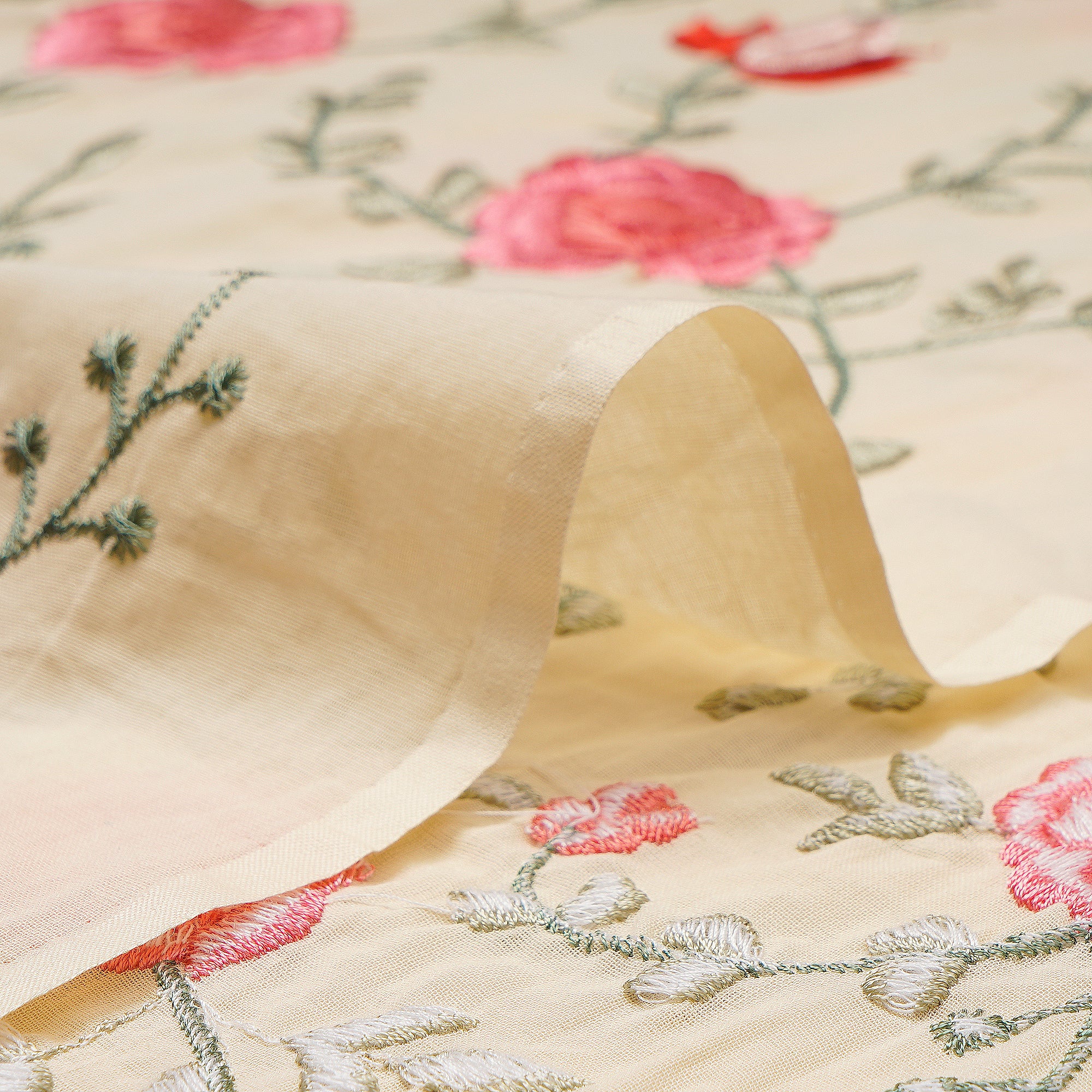 (Pre Cut 1.70 Mtr ) Cream Embroidered Premium Cotton Fabric