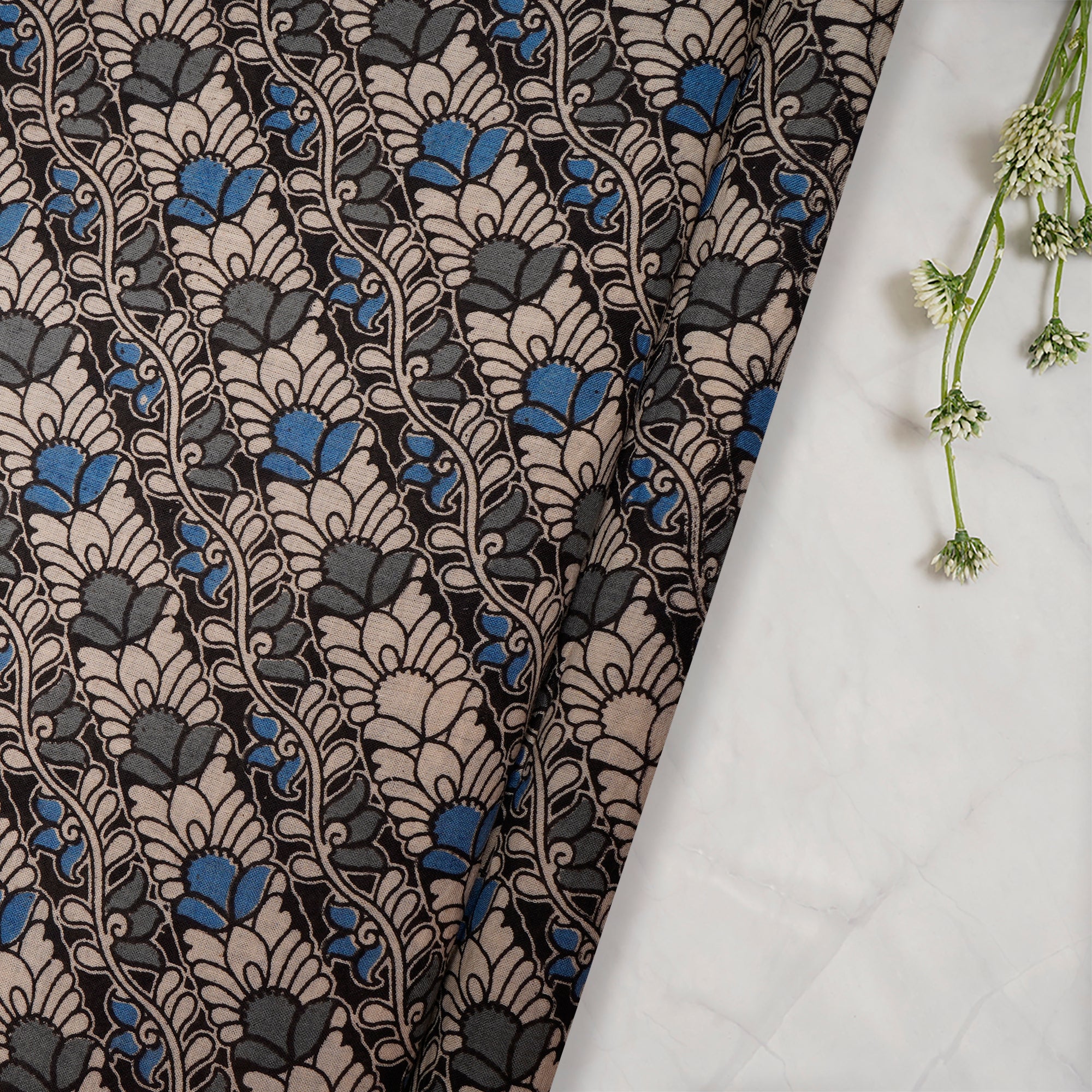 (Pre Cut 1.50 Mtr )Multi Floral Pattern Screen Printed kalamkari Cotton Fabric