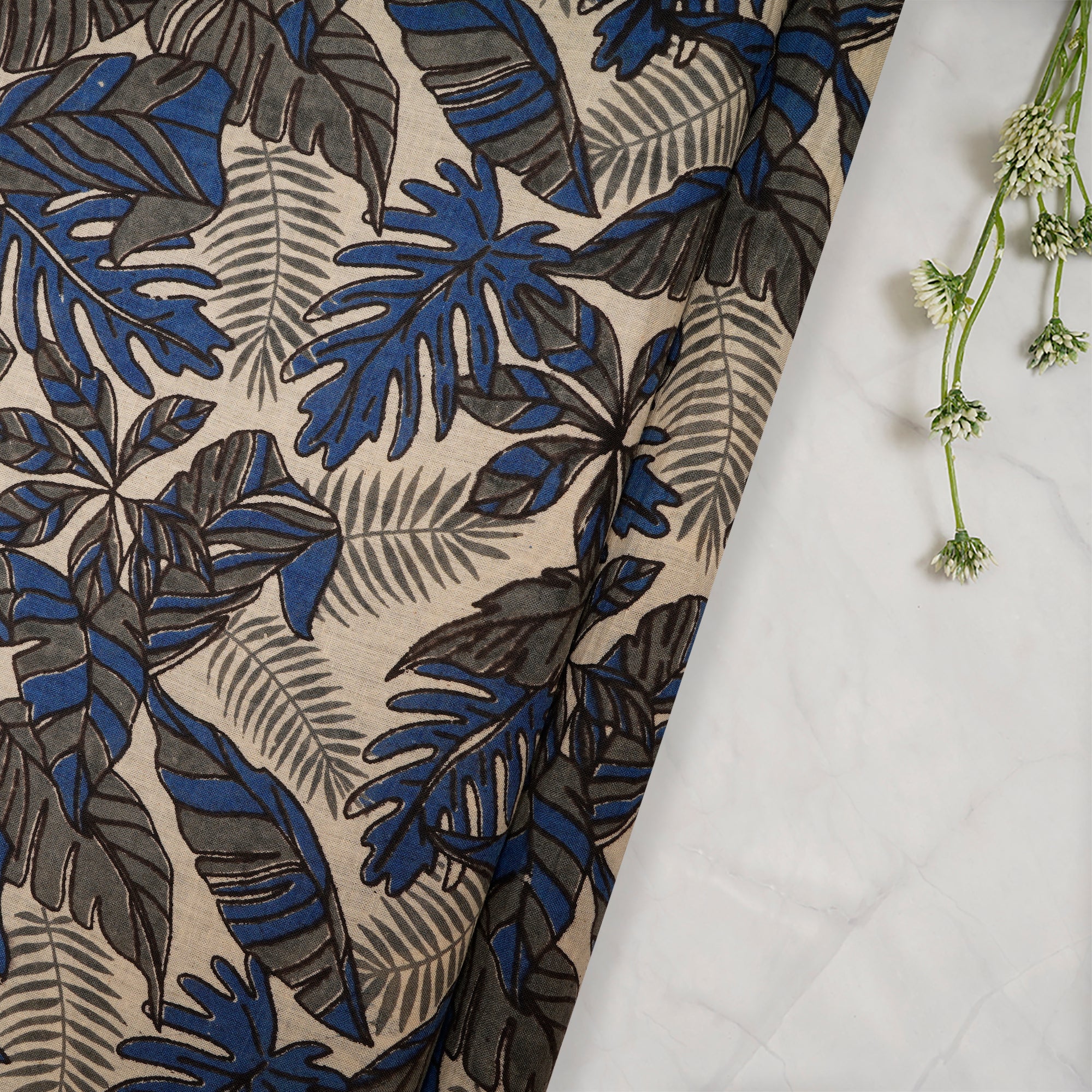 (Pre Cut 1.50 Mtr )Blue-Grey Floral Pattern Screen Printed kalamkari Cotton Fabric