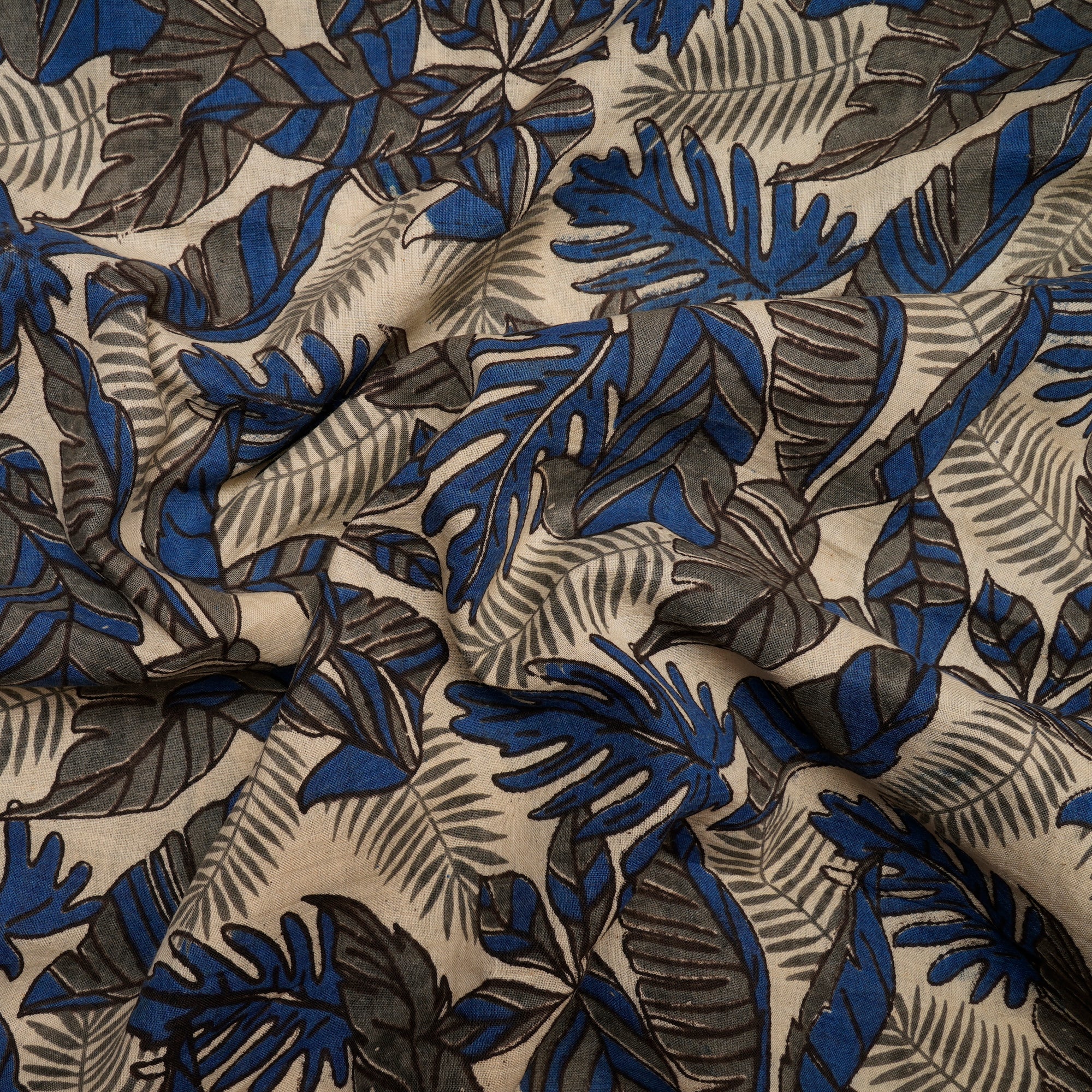 (Pre Cut 1.50 Mtr )Blue-Grey Floral Pattern Screen Printed kalamkari Cotton Fabric