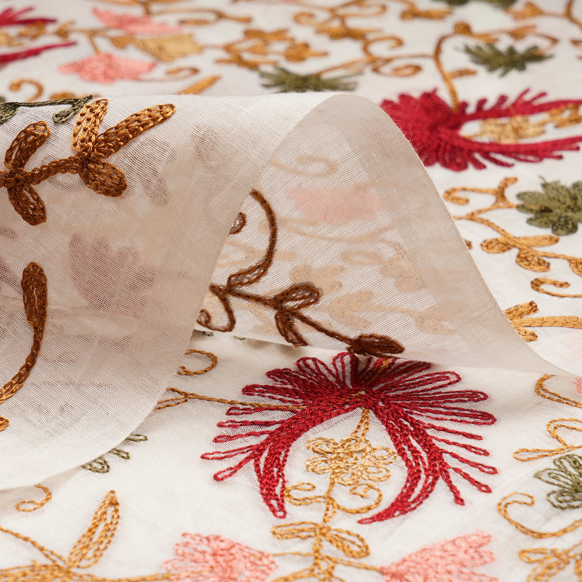 (Pre Cut 1.50 Mtr )Multi Color Aari Embroidered Fine Chanderi Fabric
