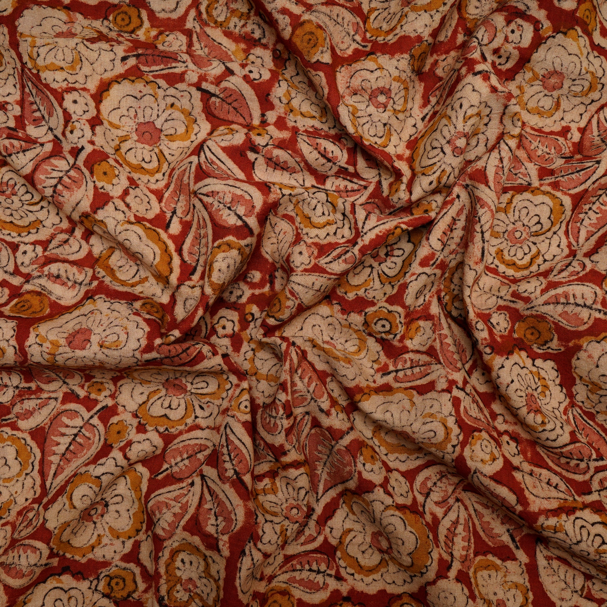 (Pre Cut 1.50 Mtr )Multi Floral Pattern Hand Block Kalamkari Printed Cotton Fabric