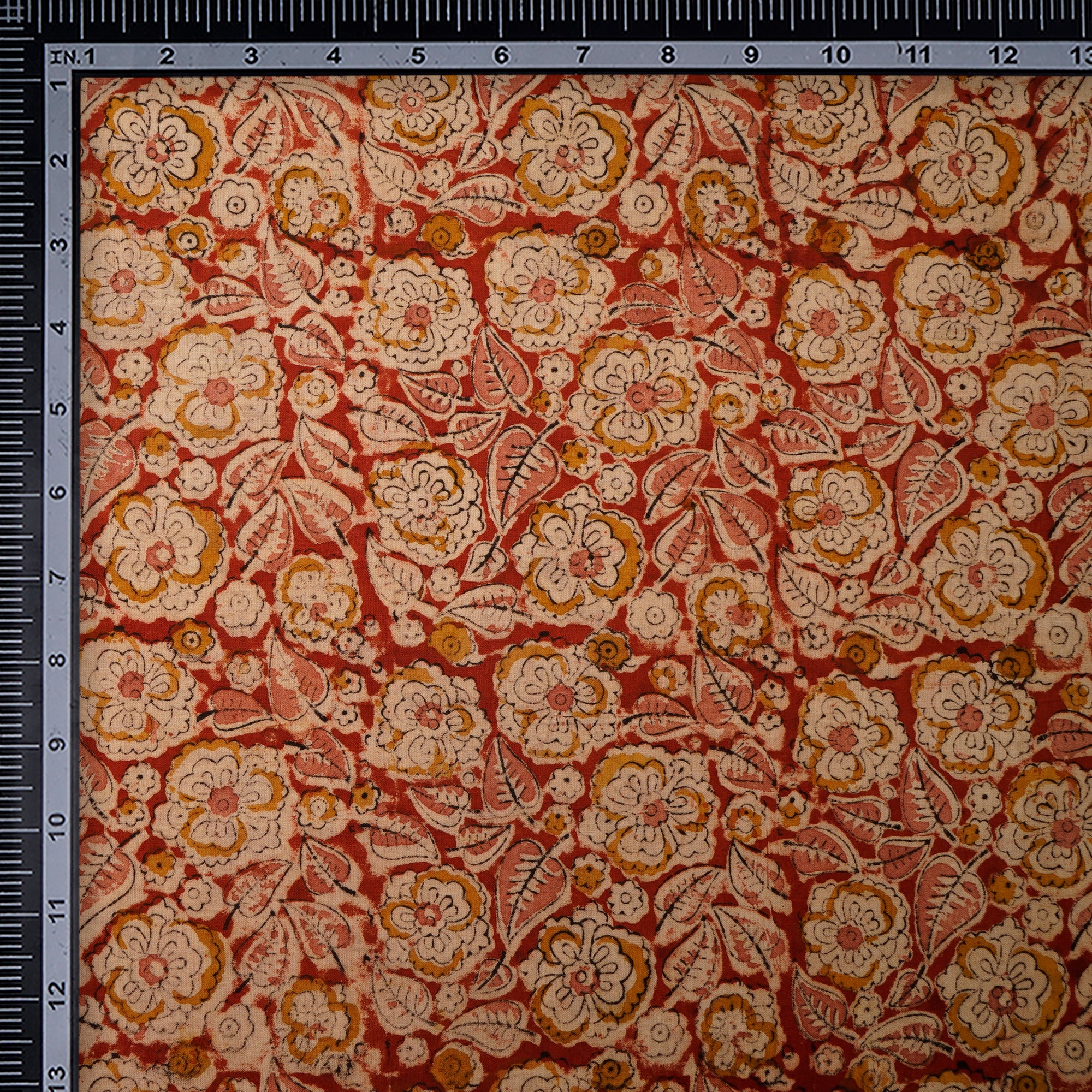 (Pre Cut 1.50 Mtr )Multi Floral Pattern Hand Block Kalamkari Printed Cotton Fabric