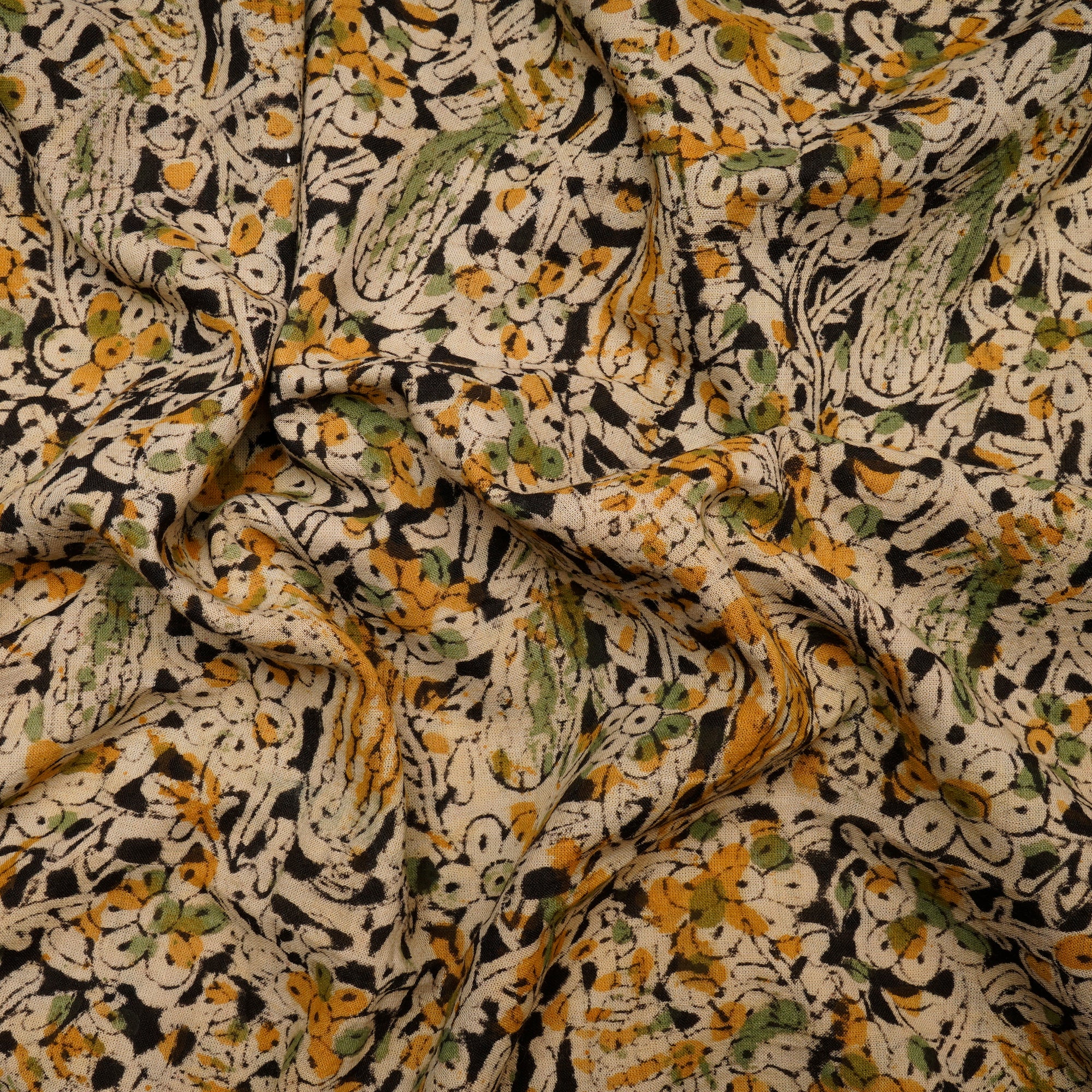 (Pre Cut 1.50 Mtr )Multi Floral Pattern Hand Block Kalamkari Printed Cotton Fabric
