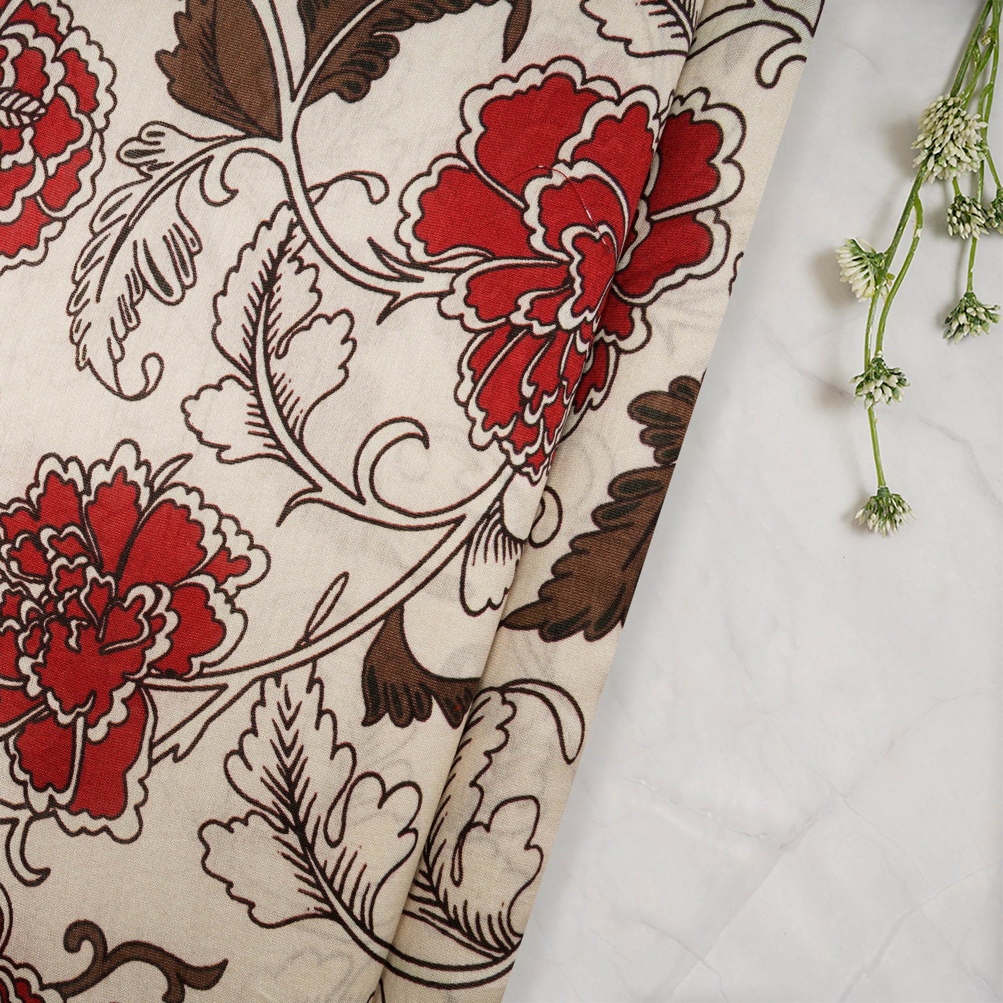 (Pre Cut 1.20 Mtr )Off White-Red Floral Pattern Digital Pattern Chanderi Fabric