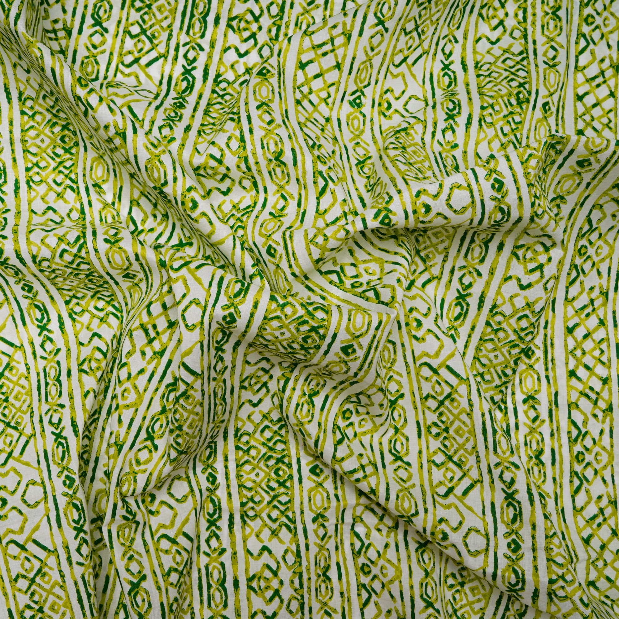 (Pre Cut 1.50 Mtr )Off-White And Green Screen Printed Tussar Chanderi Fabric