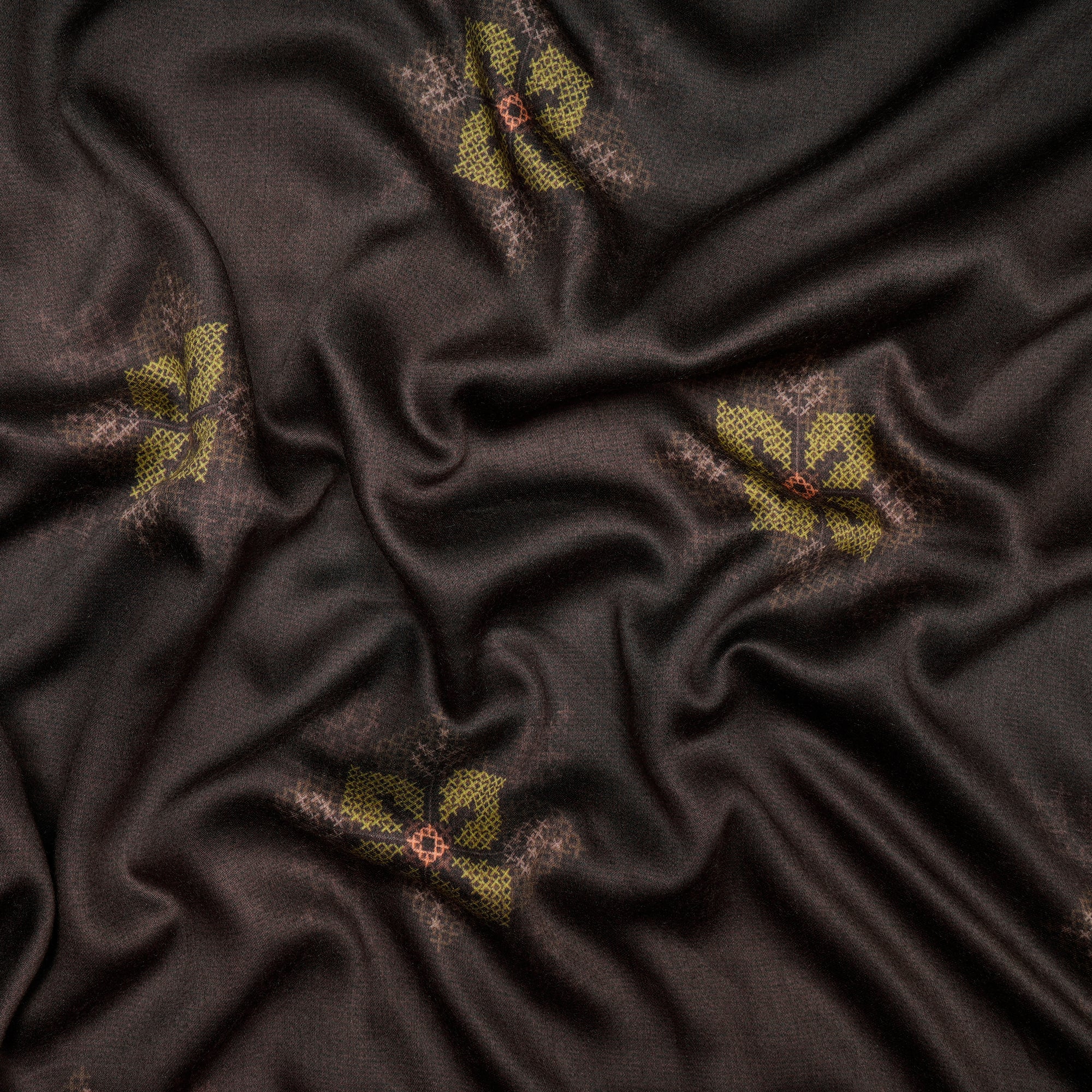 (Pre Cut 1.50 Mtr )Dark Grey Floral Pattern Digital Printed Modal Satin Fabric