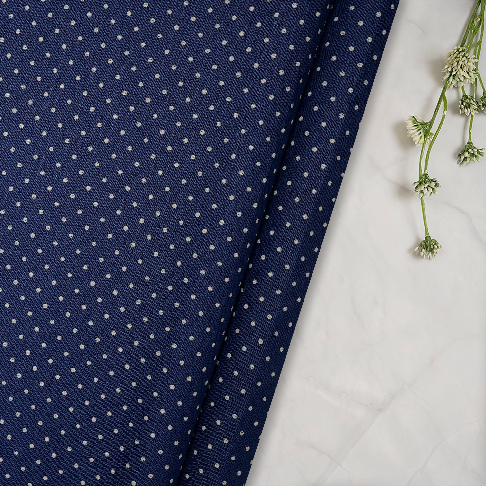 Blue Polka Dot Pattern Cotton Linen Unstitched Men's Shirt Piece (58 Inches | 1.60 Meters)
