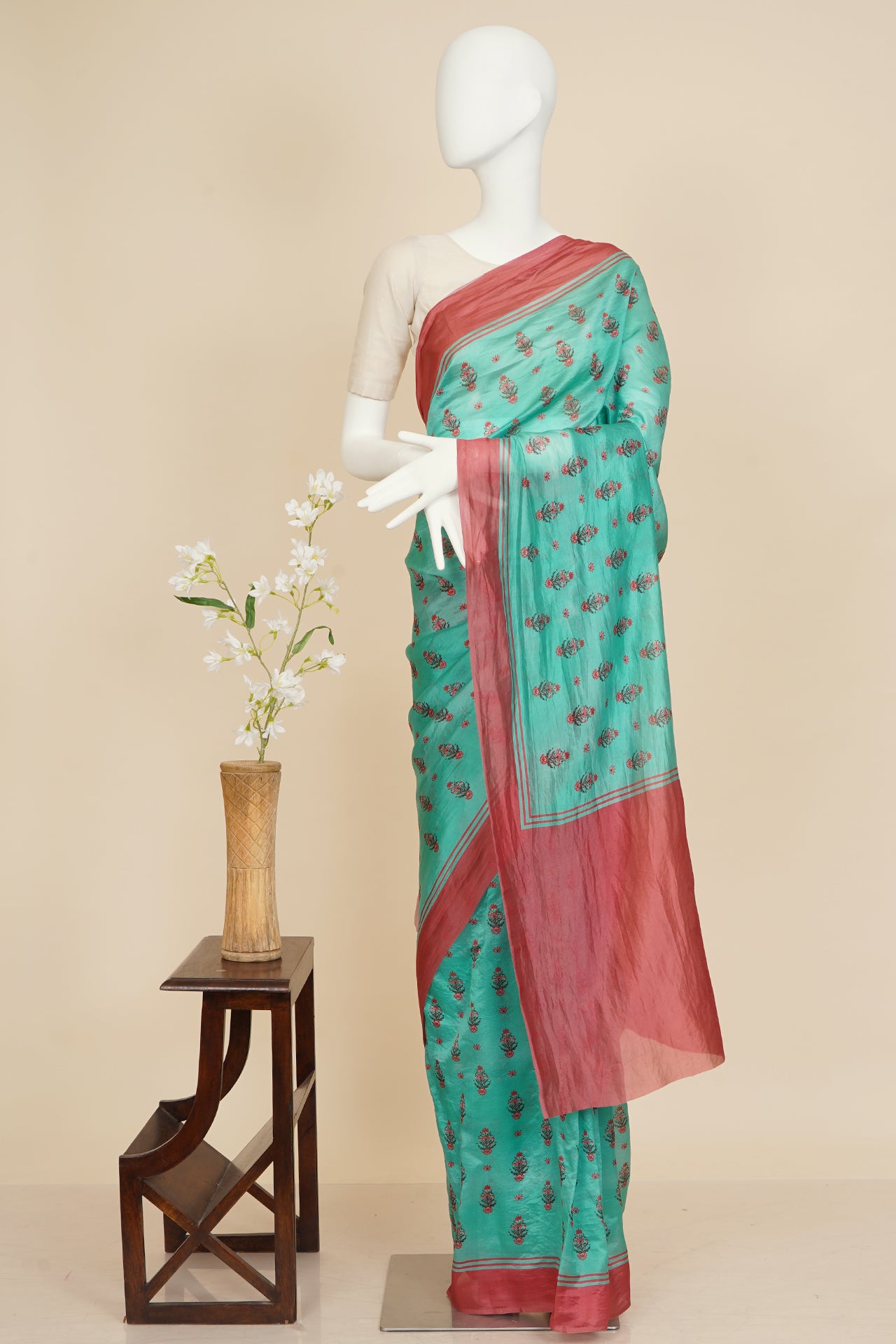 Sea Green Color Digital Printed Silk Saree
