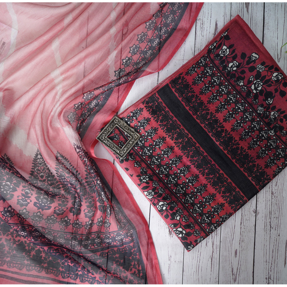 Coral Pink Color Digital Printed Silk Linen Suit with Dupatta