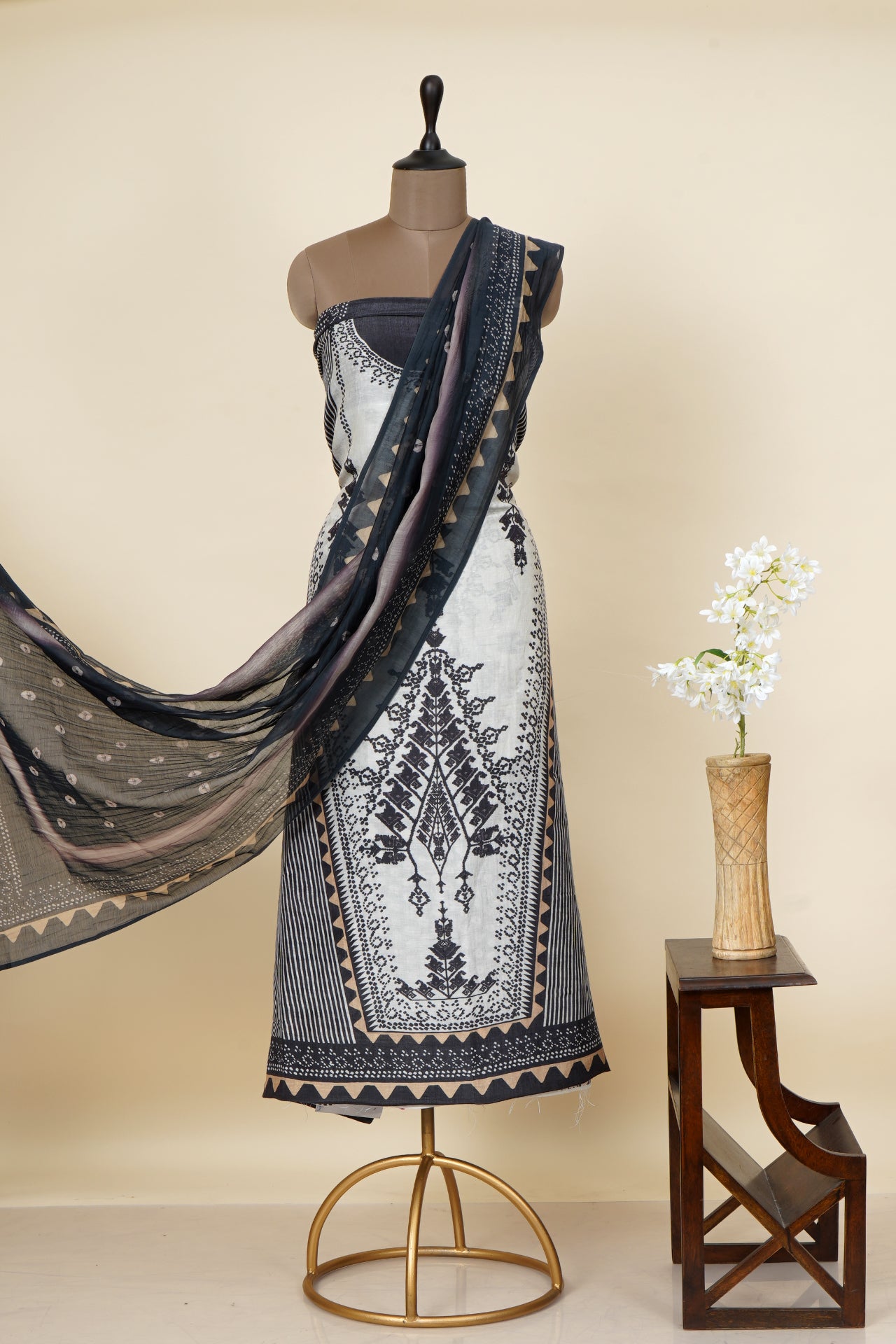 Black-Beige Color Digital Printed Silk Linen Suit with Dupatta