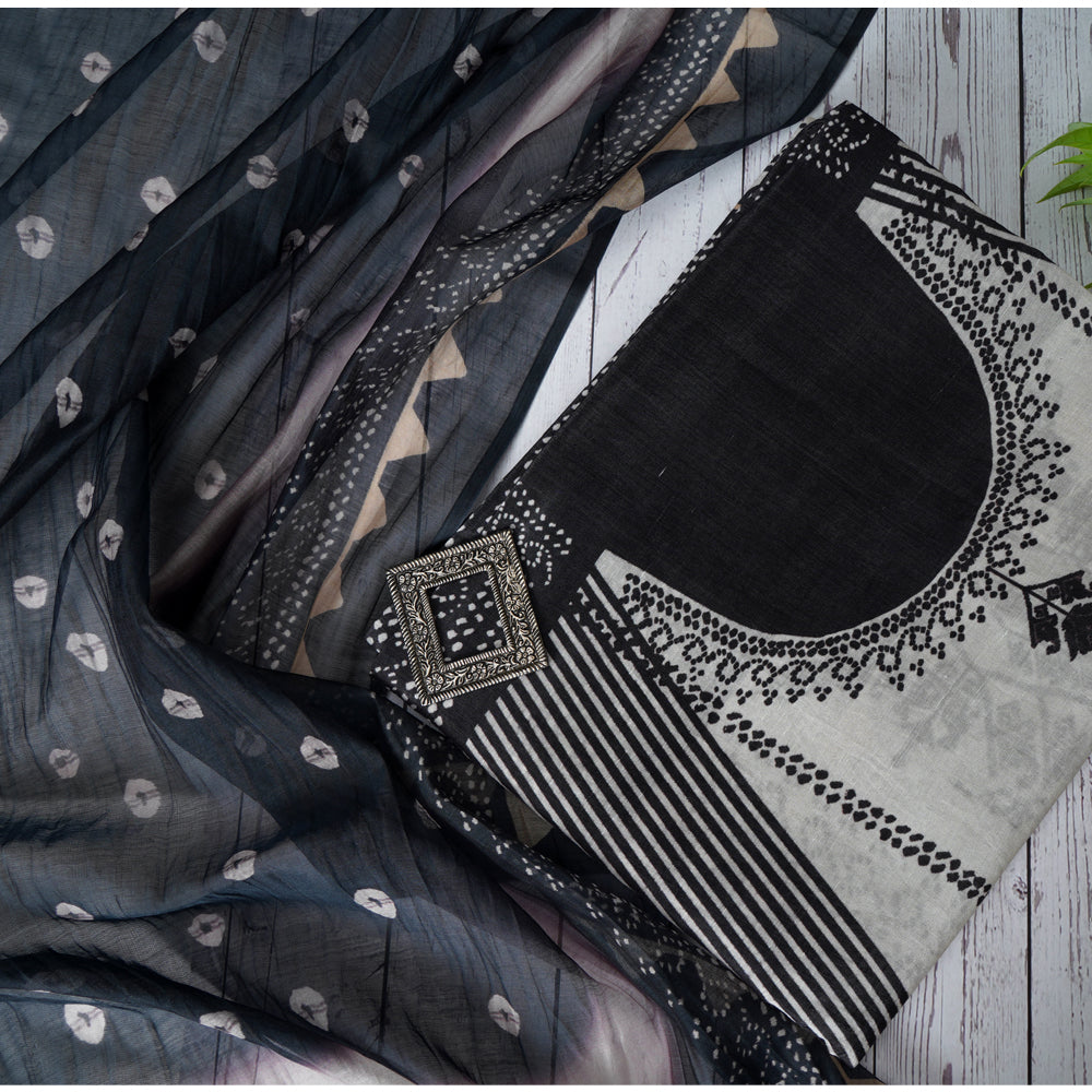 Black-Beige Color Digital Printed Silk Linen Suit with Dupatta
