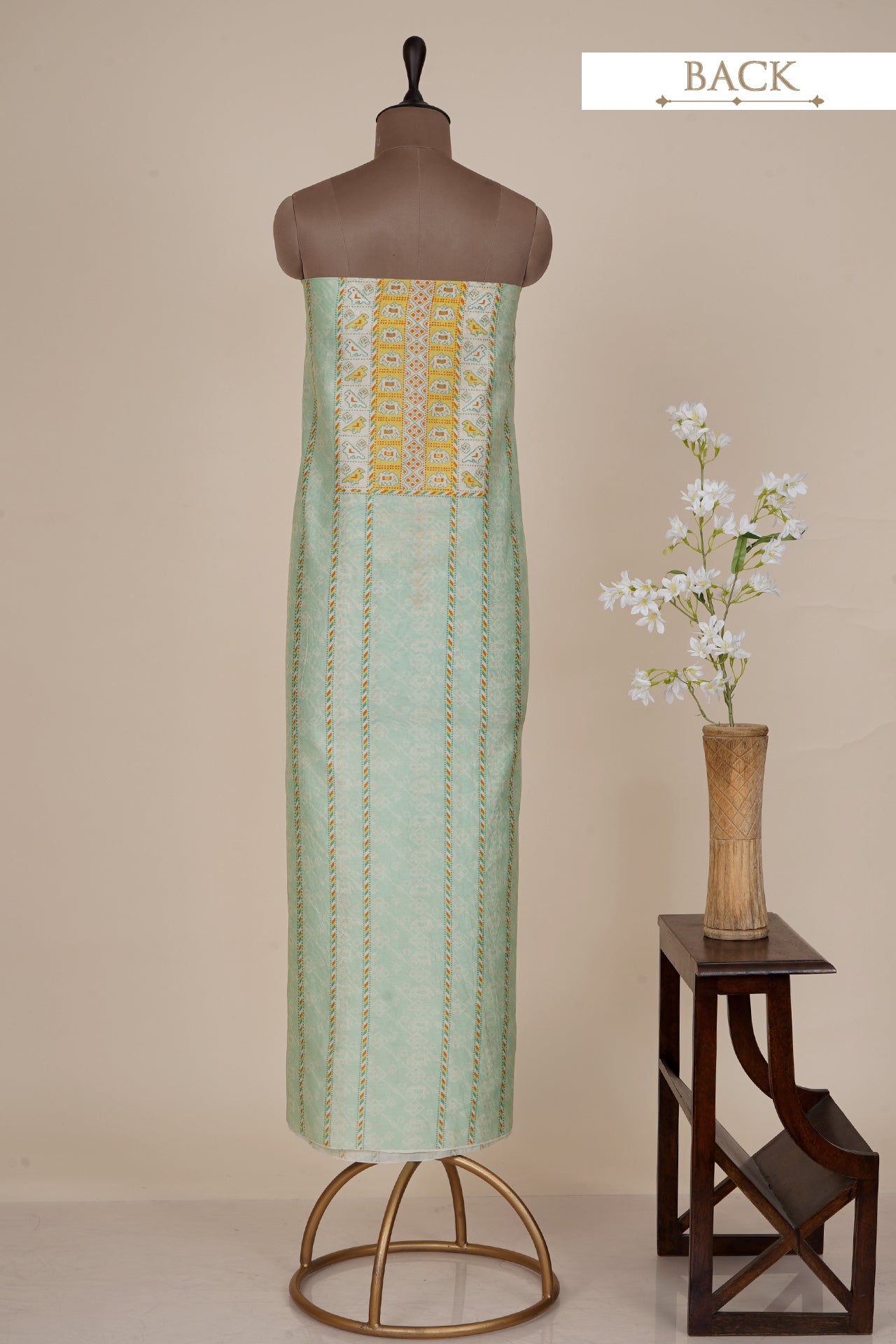 Seafoam Color Digital Printed Patola Pattern Cotton Linen Unstitched Suit Set (Top & Dupatta)