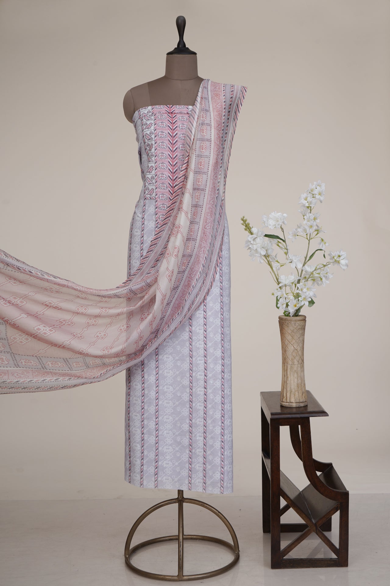 Light Lilac-Pink Color Digital Printed Patola Pattern Cotton Linen Suit with Chanderi Dupatta