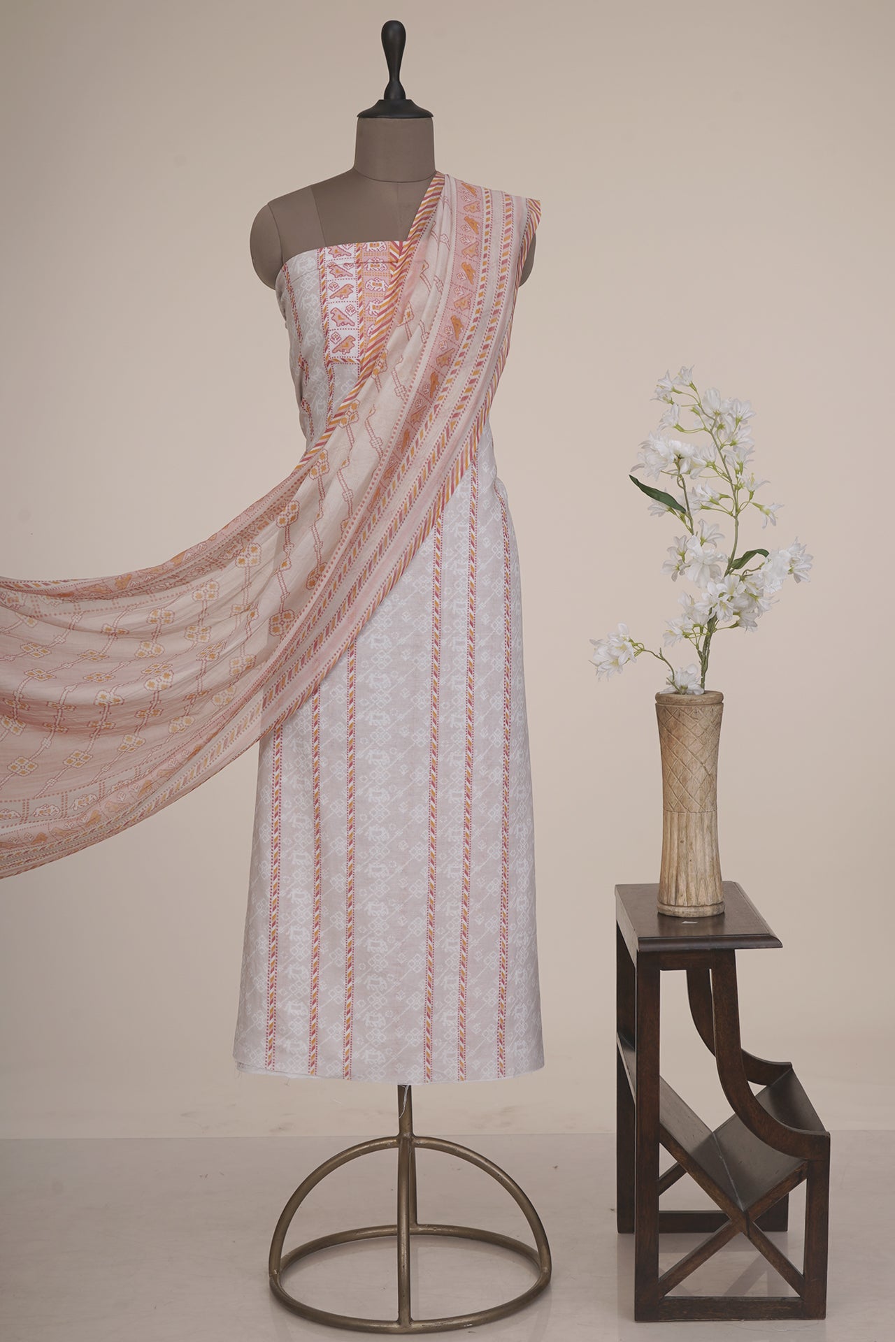 Beige-Peach Color Digital Printed Patola Pattern Cotton Linen Suit with Chanderi Dupatta