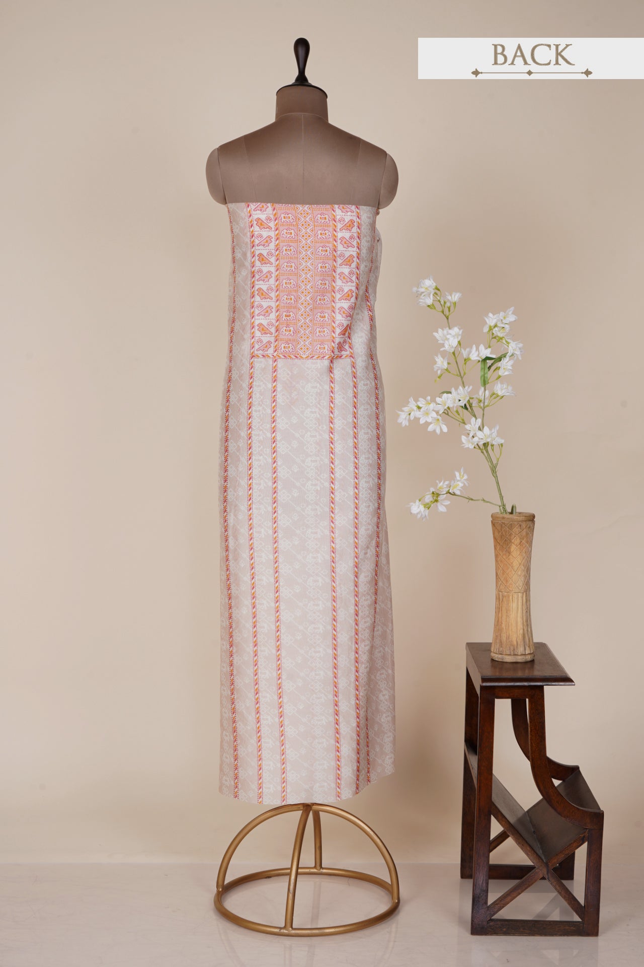 Beige-Peach Color Digital Printed Patola Pattern Cotton Linen Suit with Chanderi Dupatta
