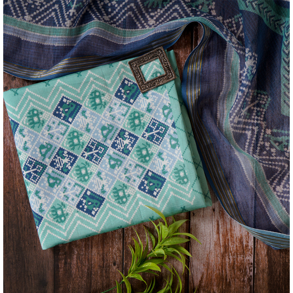Mint Green-Blue Color Digital Printed Patola Pattern Pure Chanderi Suit with Kota Dupatta