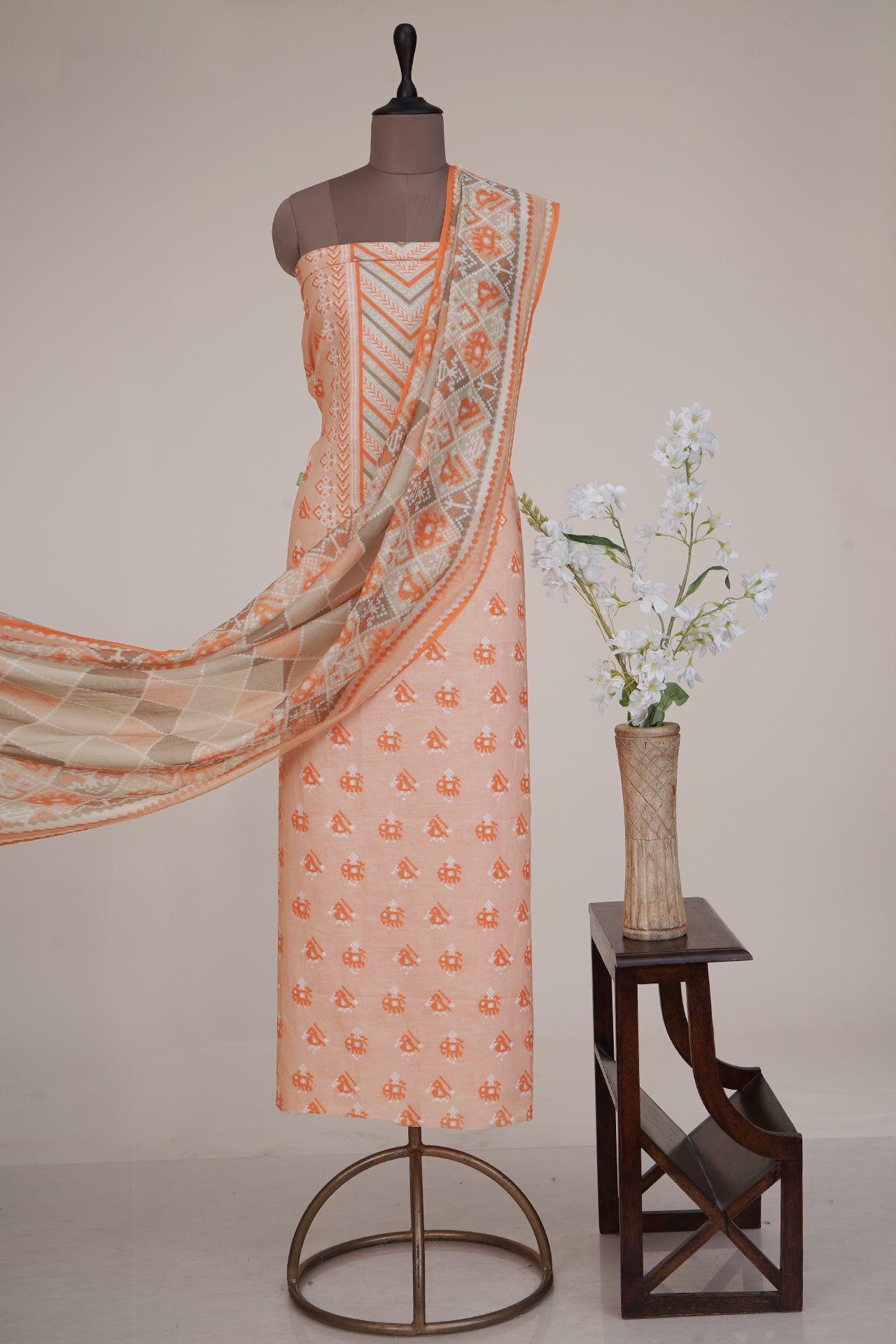 Peach-Orange Color Digital Printed Patola Pattern Cotton Linen Suit with Chanderi Dupatta