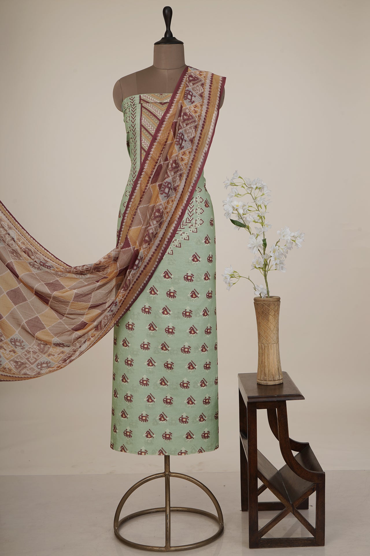 Green-Burgundy Color Digital Printed Patola Pattern Cotton Linen Suit with Chanderi Dupatta