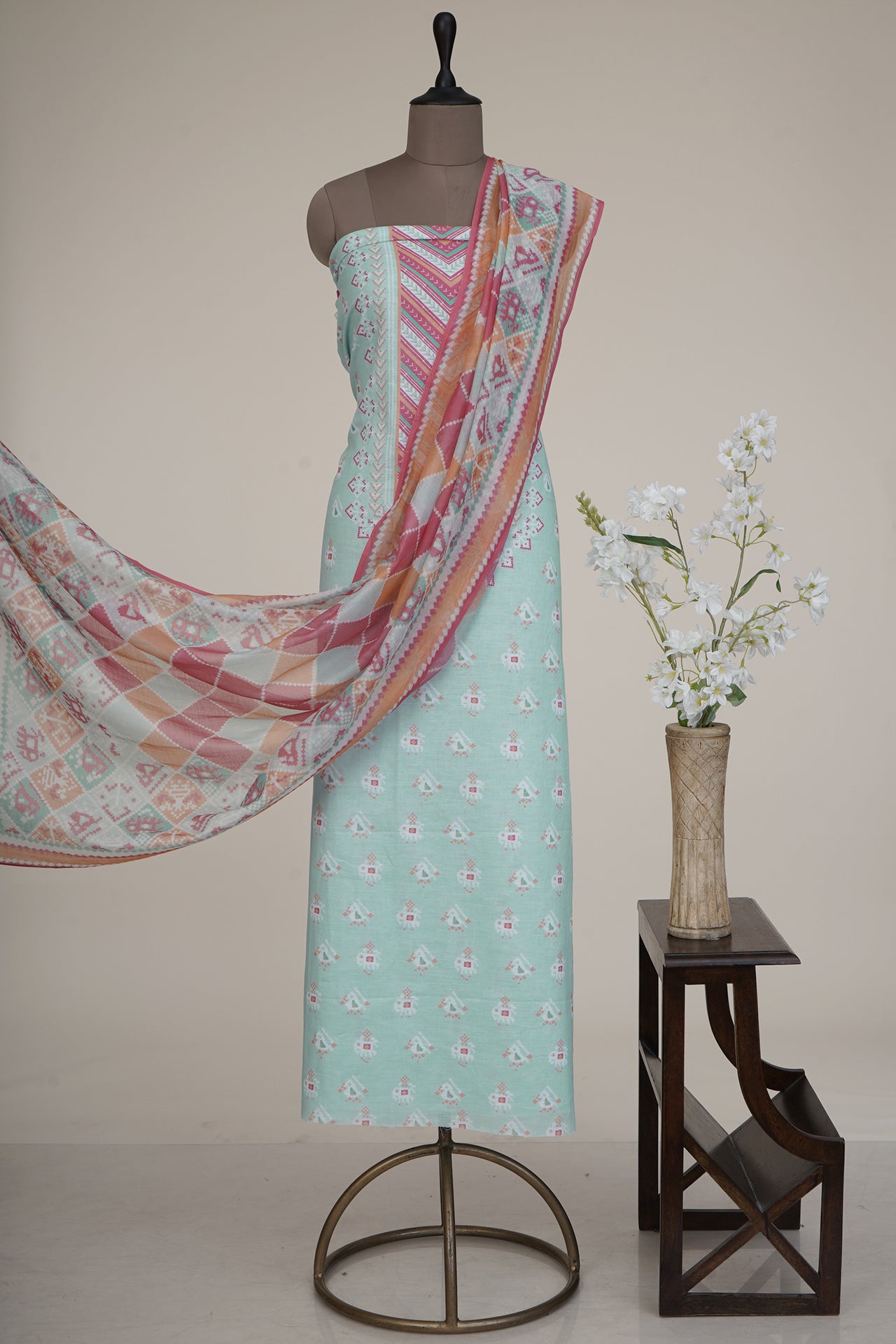 Mint Green-Pink Color Digital Printed Patola Pattern Cotton Linen Suit with Chanderi Dupatta
