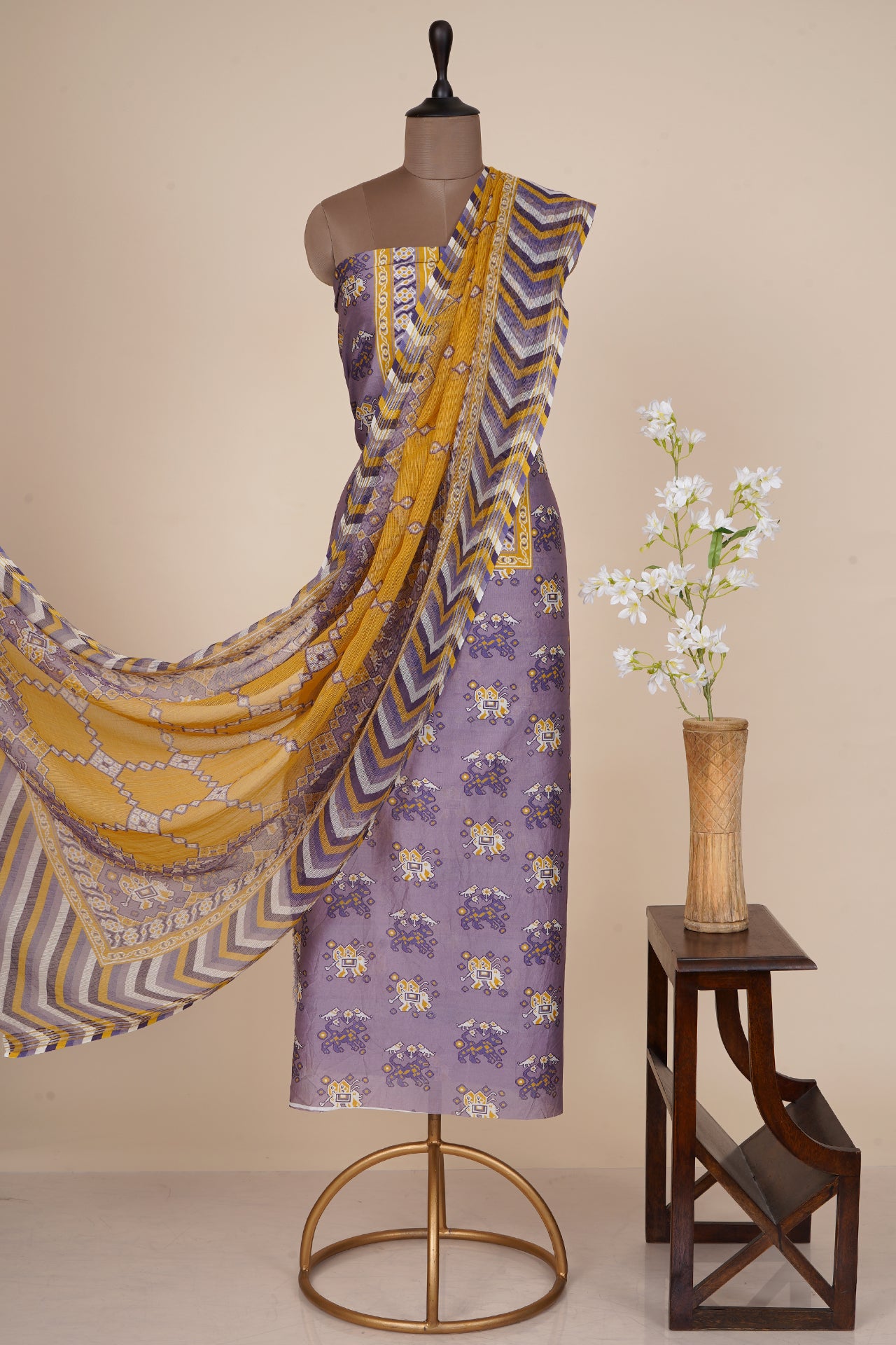 Lavender Color Digital Printed Patola Pattern Pure Chanderi Suit with Kota Dupatta