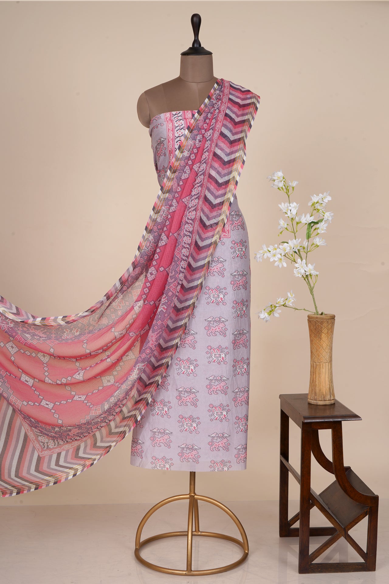 Light Lilac-Pink Color Digital Printed Patola Pattern Pure Chanderi Suit with Kota Dupatta