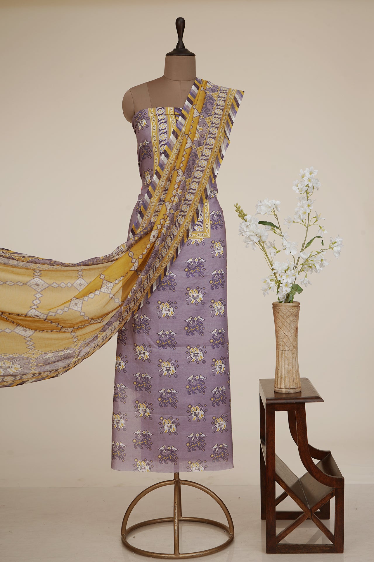 Lavender Color Digital Printed Patola Pattern Cotton-Linen Suit with Chanderi Dupatta