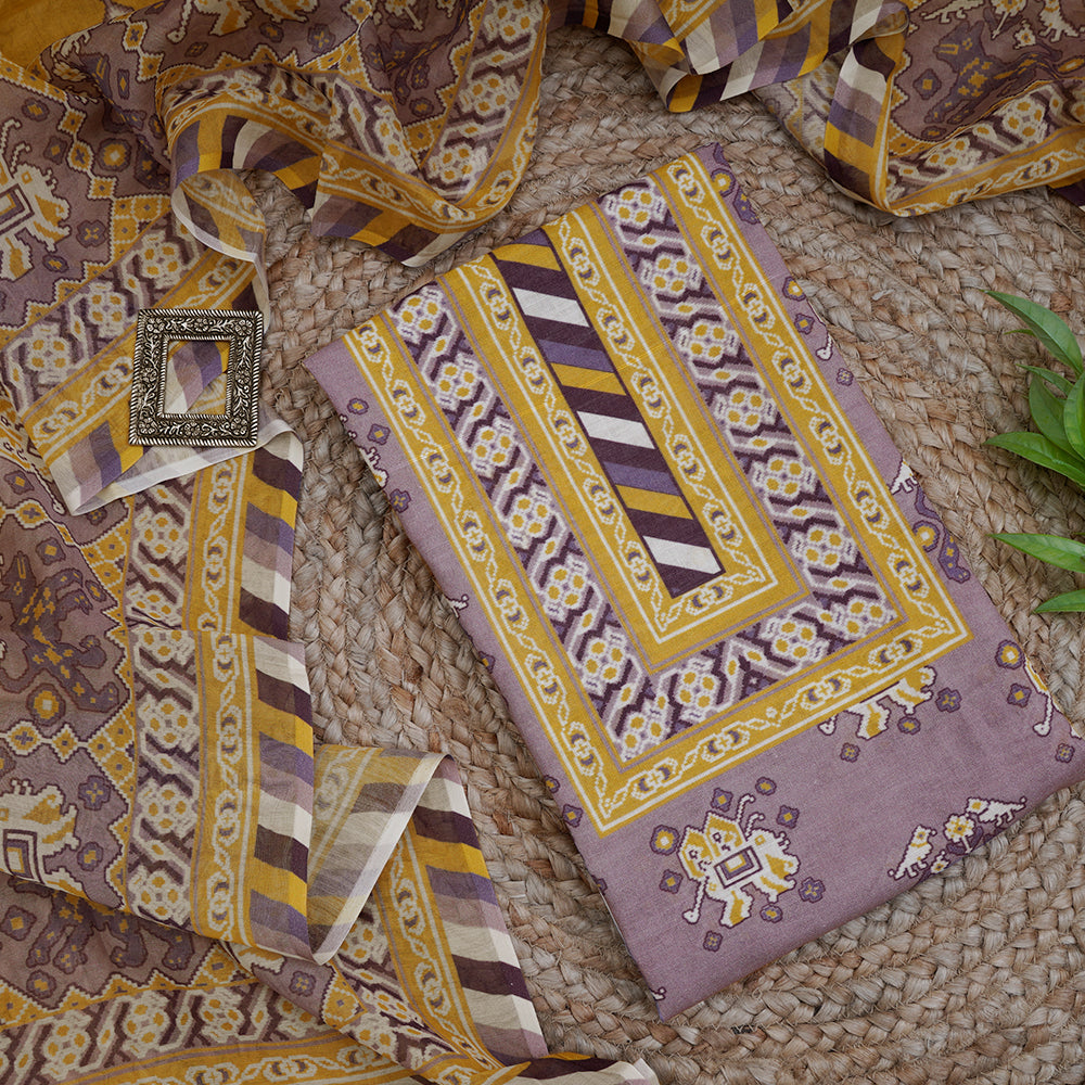 Lavender Color Digital Printed Patola Pattern Cotton-Linen Suit with Chanderi Dupatta