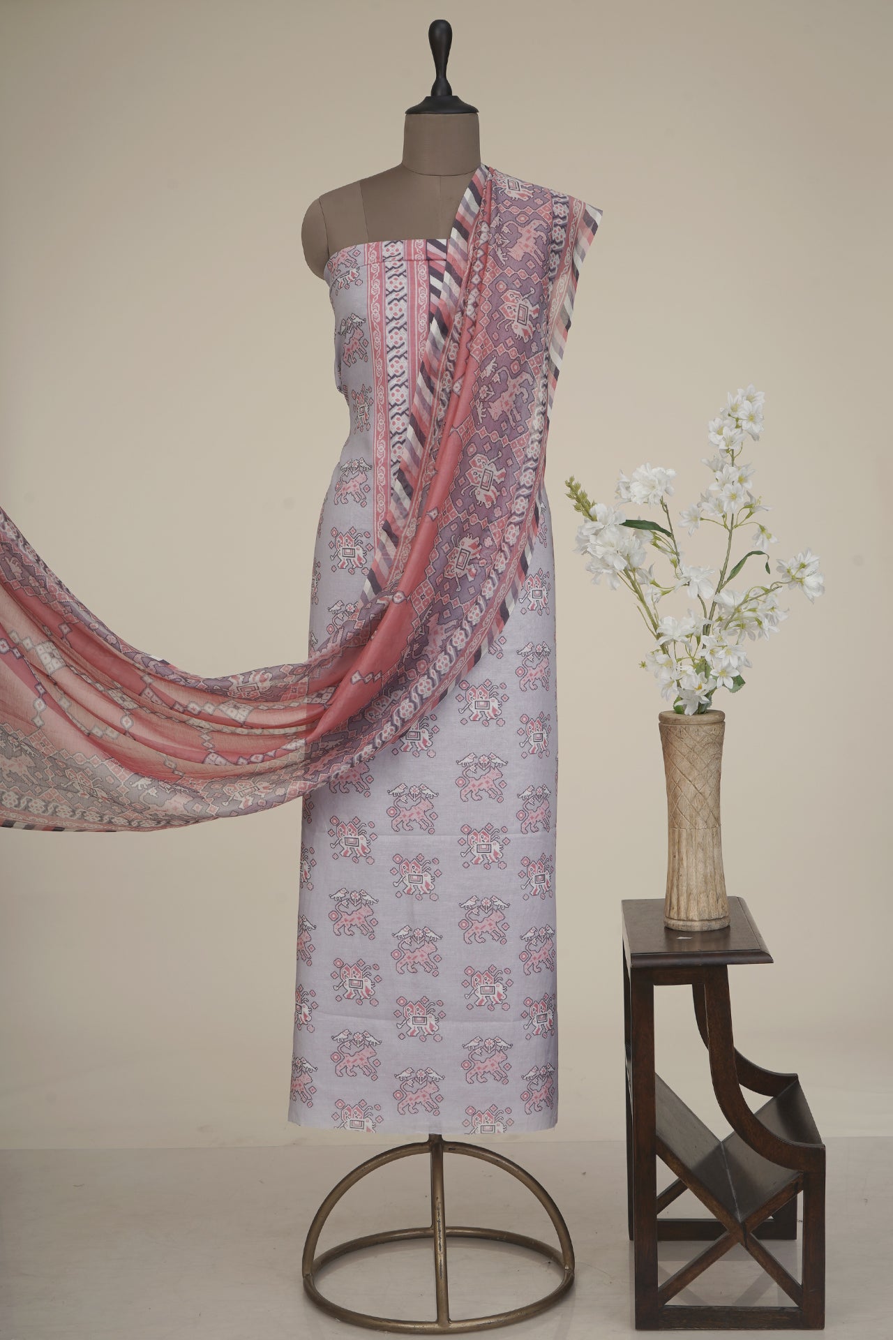 Light Lilac-Pink Color Digital Printed Patola Pattern Cotton-Linen Suit with Chanderi Dupatta