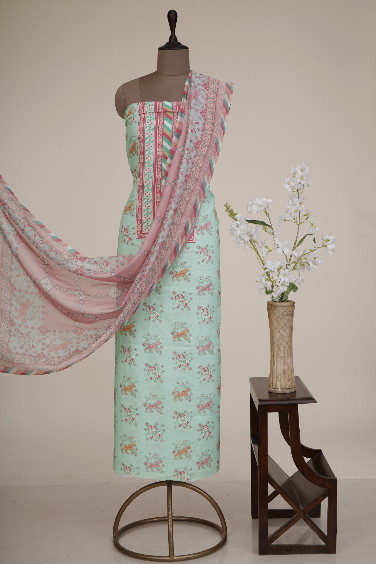 Mint-Light Pink Color Digital Printed Patola Pattern Cotton-Linen Suit with Chanderi Dupatta